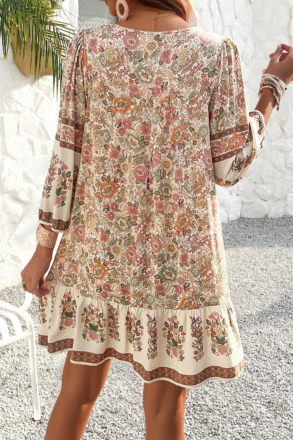 Apricot Floral Print Tassel Drawstring V Neck Loose Mini Dress-Dresses/Floral Dresses-[Adult]-[Female]-2022 Online Blue Zone Planet