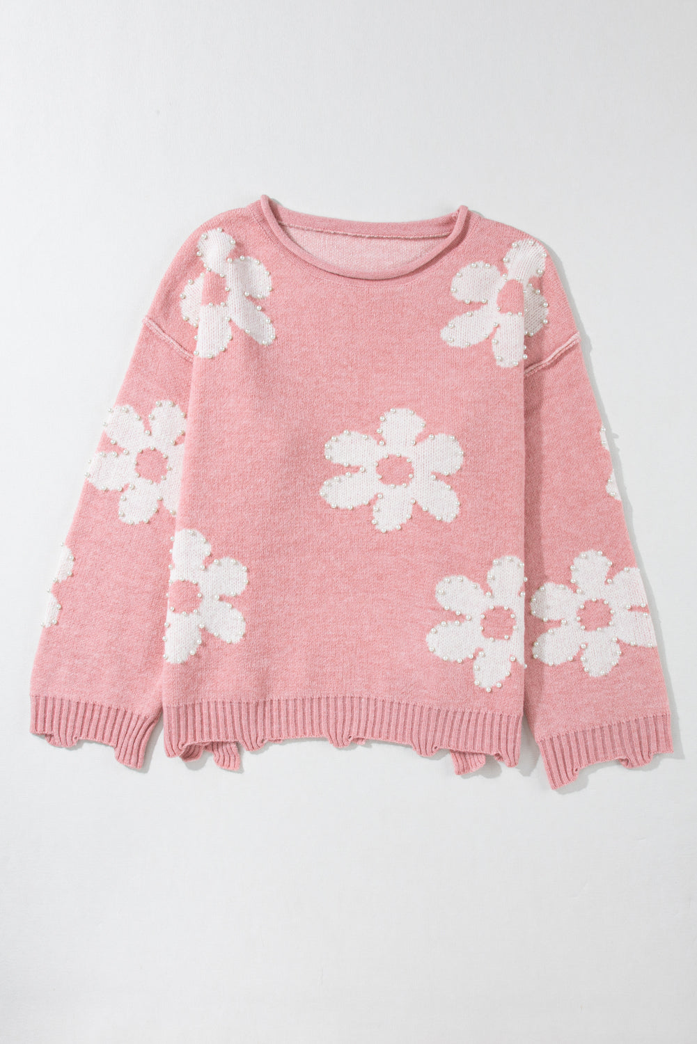 Pearl Trim Flower Round Neck Sweater-TOPS / DRESSES-[Adult]-[Female]-2022 Online Blue Zone Planet