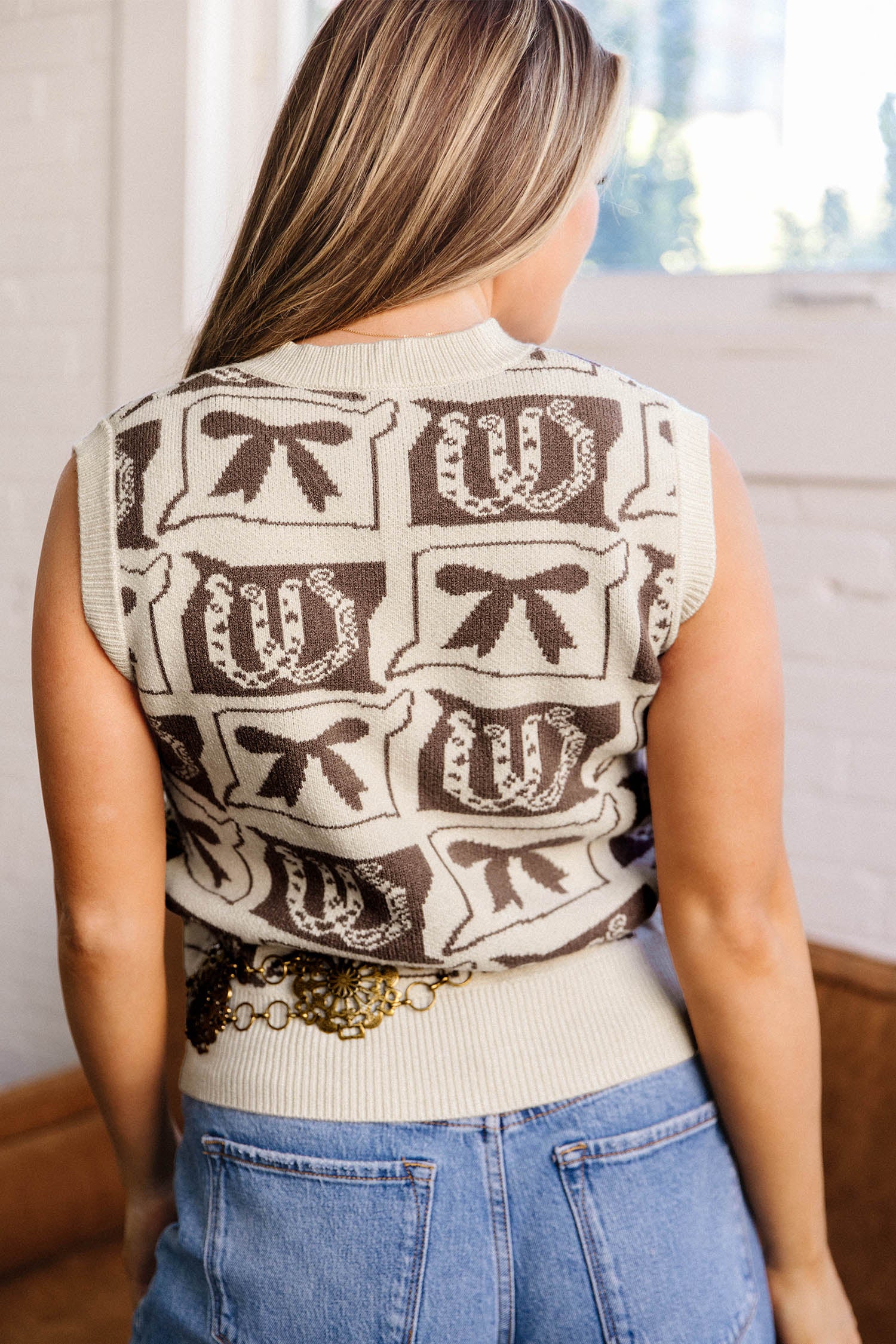 Brown Western Horseshoe Bow Printed V Neck Loose Sweater Vest-TOPS / DRESSES-[Adult]-[Female]-2022 Online Blue Zone Planet