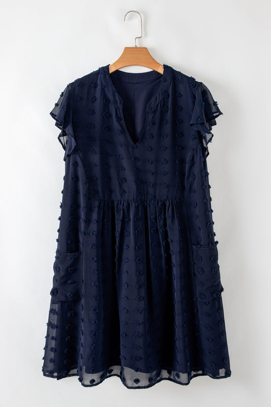 Navy Blue Dotty Textured Notched Neck Plus Ruffled Dress-TOPS / DRESSES-[Adult]-[Female]-2022 Online Blue Zone Planet