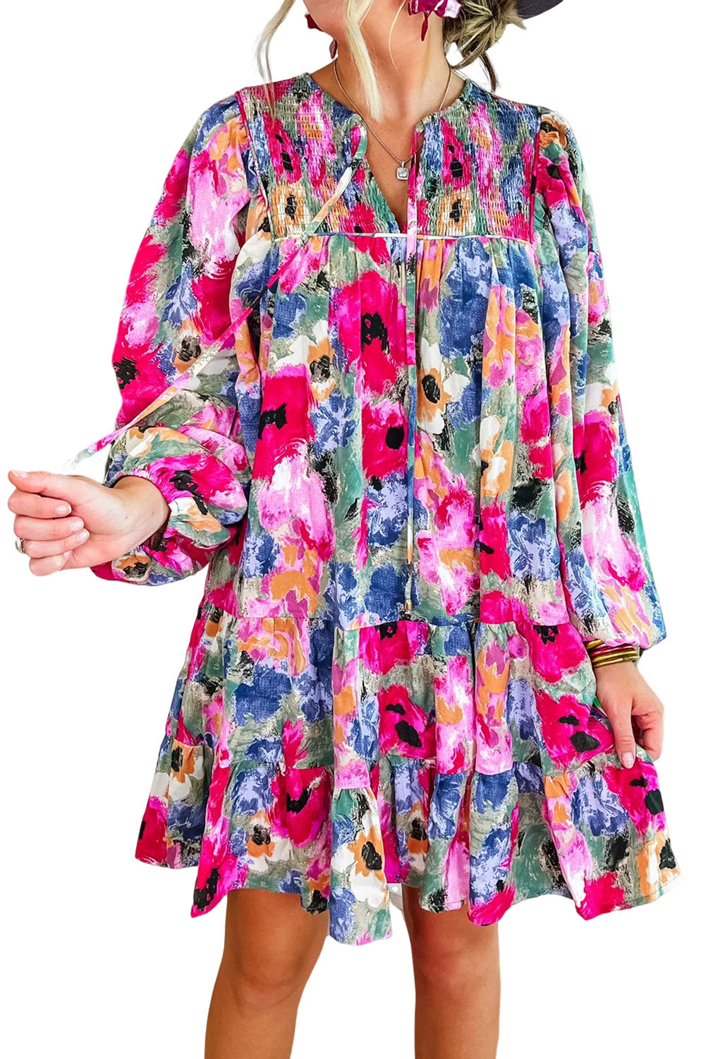 Blue Zone Planet | Multicolour Floral Tie Neck Bubble Sleeve Shift Dress-TOPS / DRESSES-[Adult]-[Female]-2022 Online Blue Zone Planet