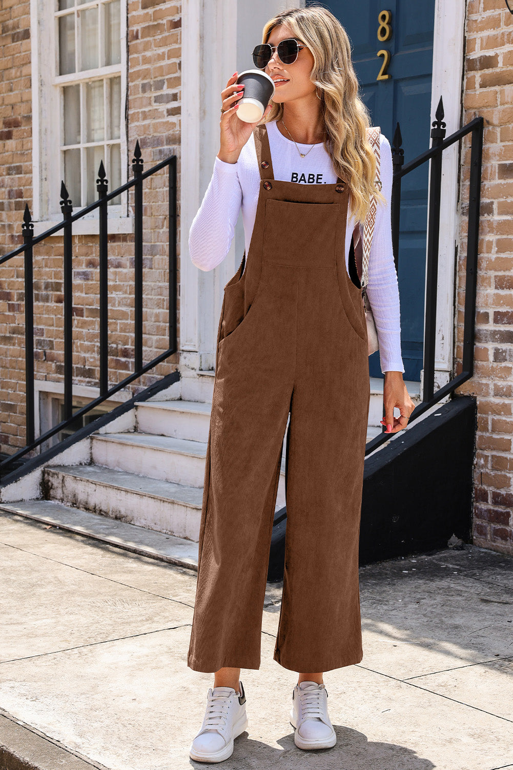 Brown Solid Color Corduroy Wide Leg Bib Overalls-Bottoms/Jumpsuits & Rompers-[Adult]-[Female]-2022 Online Blue Zone Planet