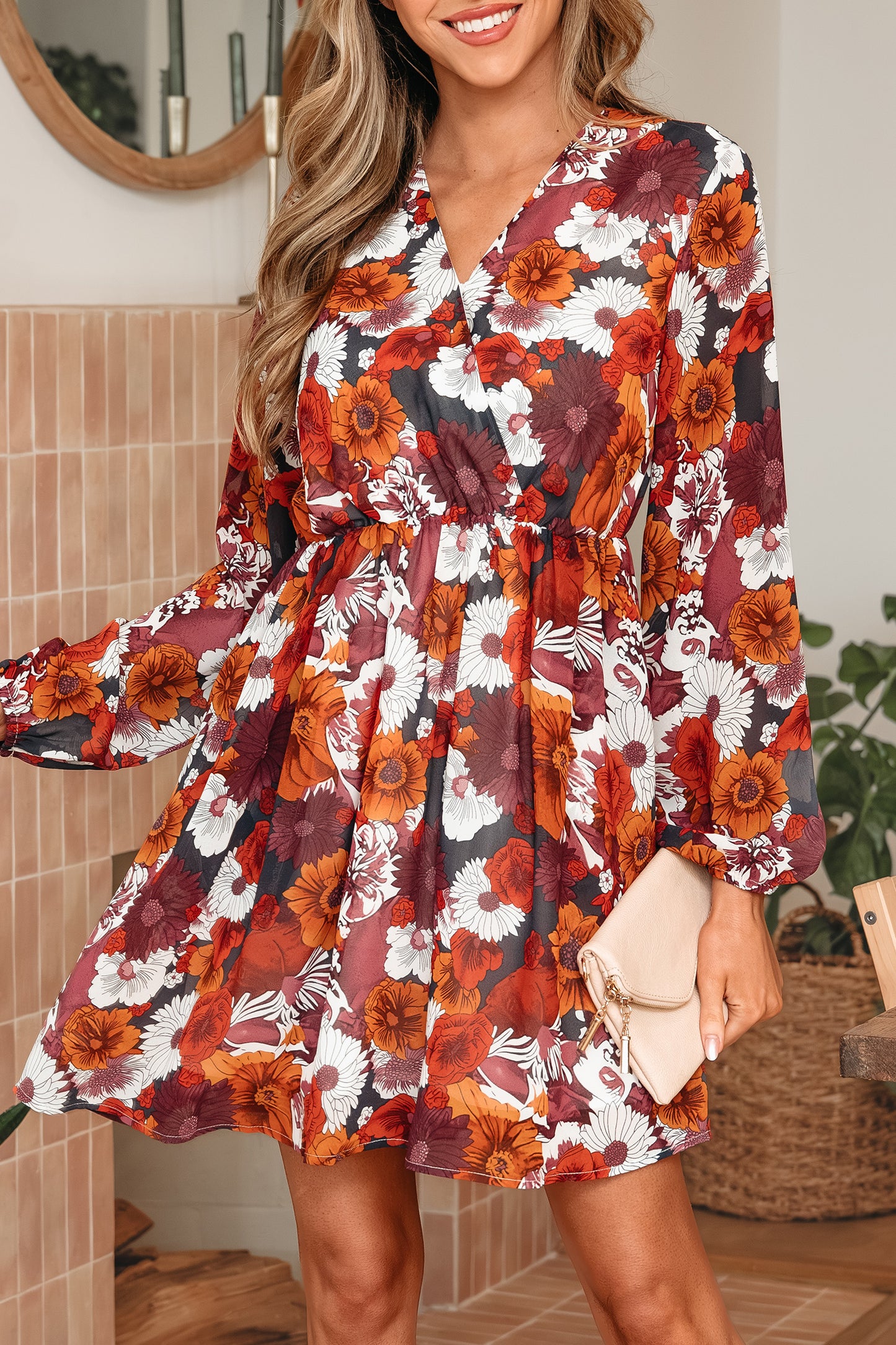 Red Floral Print Wrap V Neck Puff Sleeve Flowy Mini Dress-TOPS / DRESSES-[Adult]-[Female]-2022 Online Blue Zone Planet