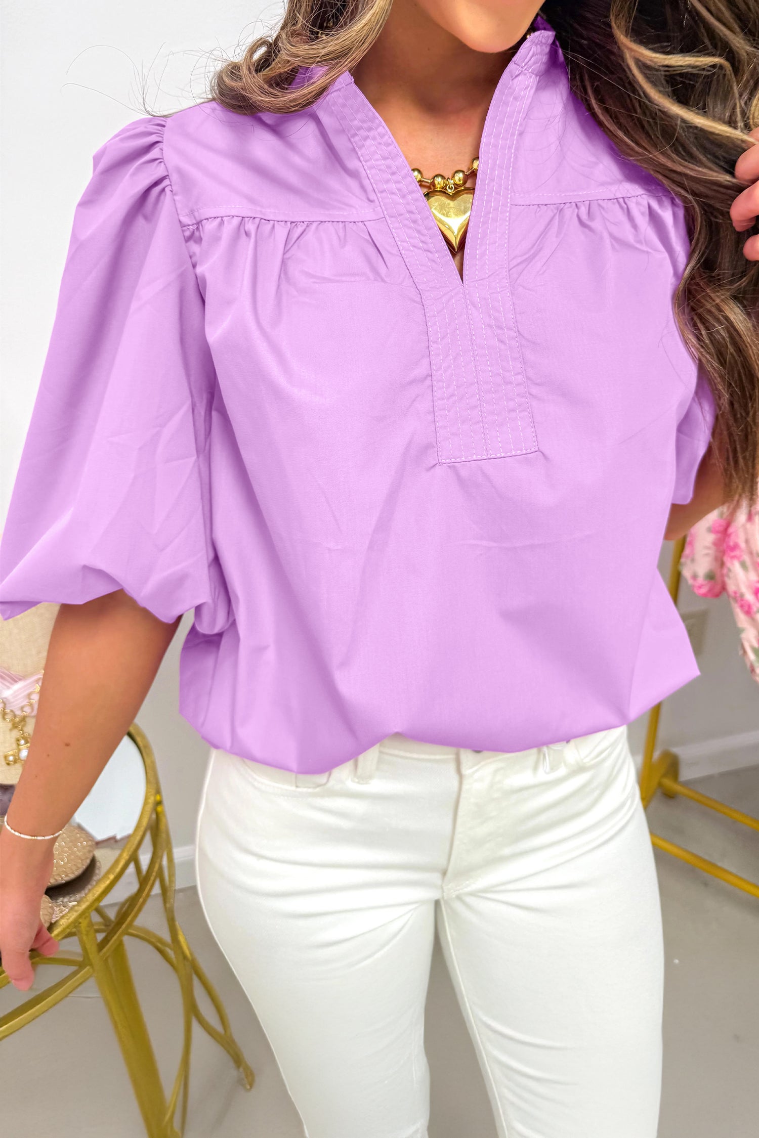 Phalaenopsis Stitched Detail V Neck Puffy Half Sleeve Blouse-Tops/Blouses & Shirts-[Adult]-[Female]-Phalaenopsis-S-2022 Online Blue Zone Planet