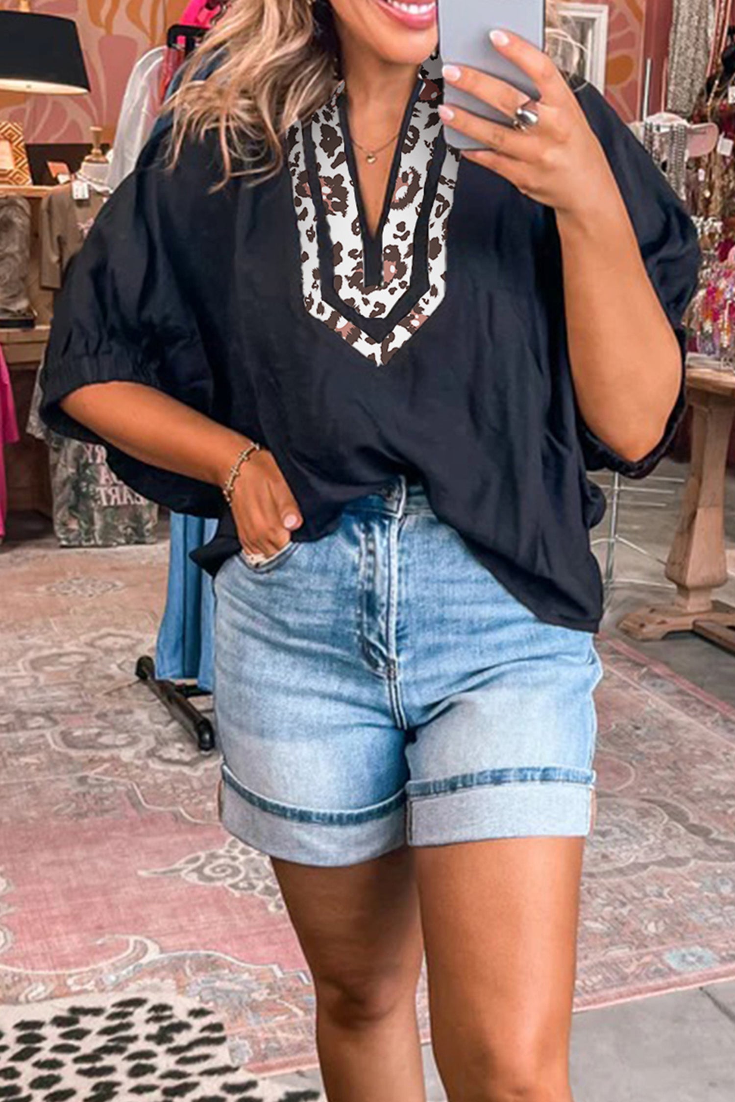 Black Dolman Half Sleeve Leopard Patchwork Trim V Neck Blouse-Tops/Blouses & Shirts-[Adult]-[Female]-Black-S-2022 Online Blue Zone Planet