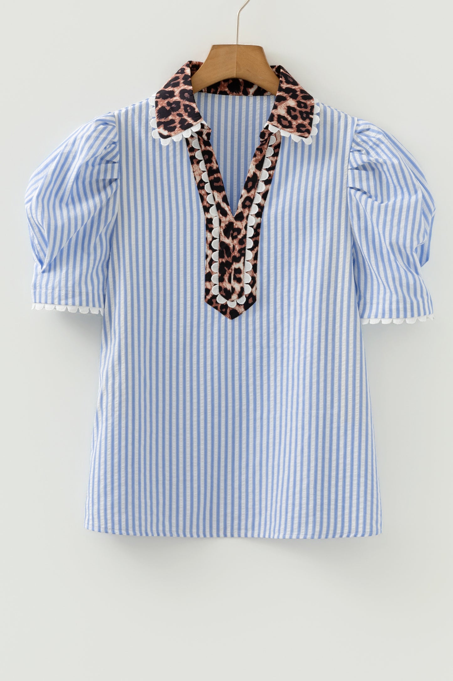 Sky Blue Stripe Ricrac Trim Short Puff Sleeve Leopard Patchwork Collar V Neck Blouse-Tops/Blouses & Shirts-[Adult]-[Female]-2022 Online Blue Zone Planet