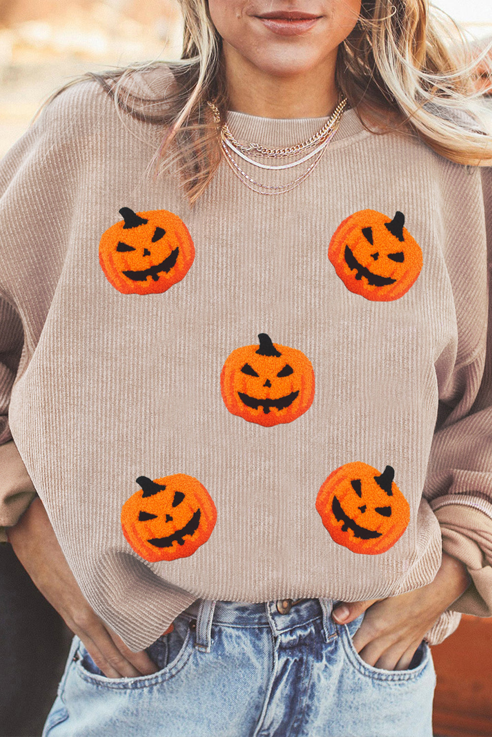Apricot Twisted Rib Texture Chenille Halloween Pumpkin Patched Drop Shoulder Sweatshirt-Graphic/Graphic Sweatshirts-[Adult]-[Female]-Apricot-S-2022 Online Blue Zone Planet