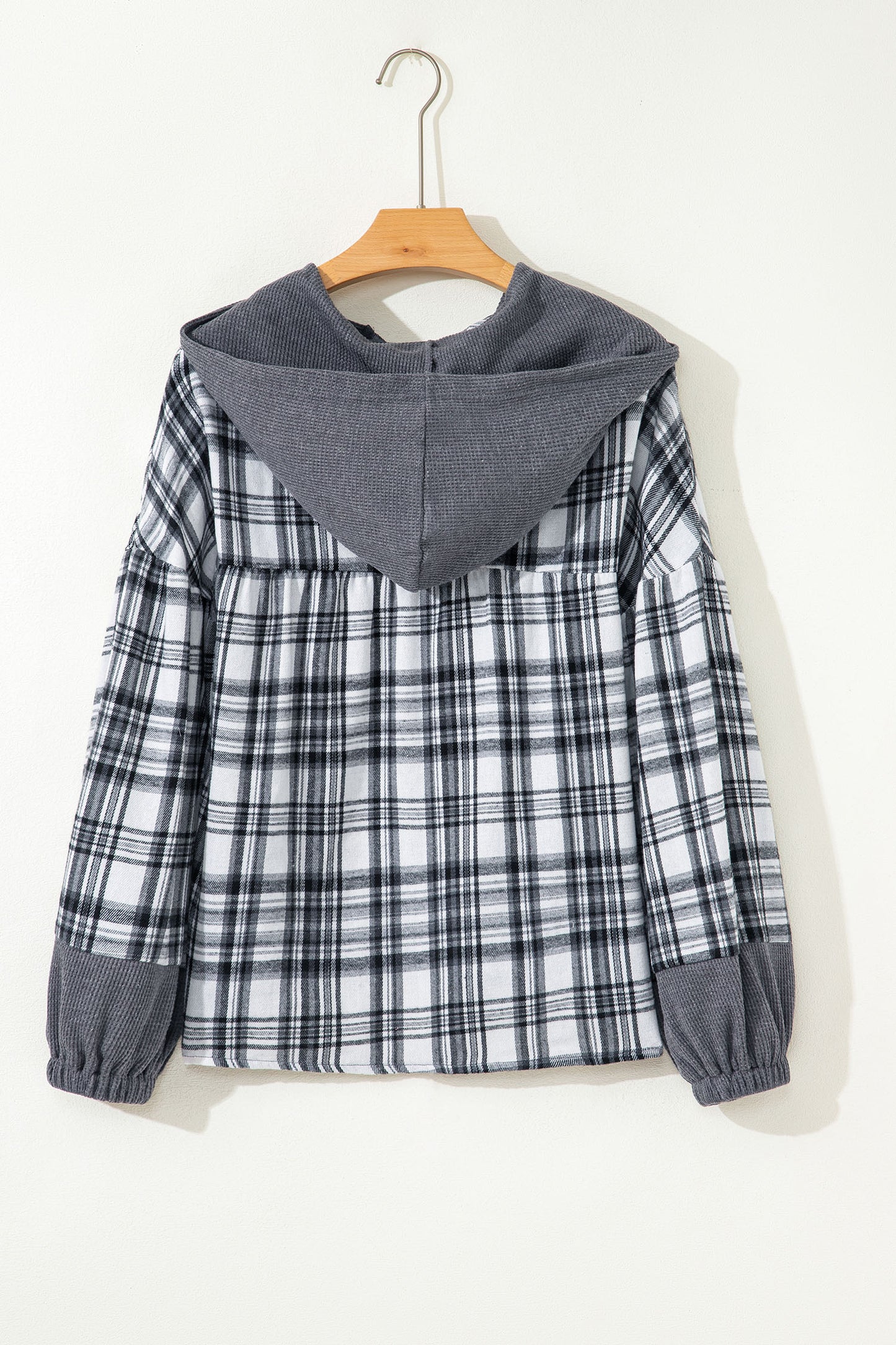 Gray Plaid Patchwork Long Sleeve Button Hooded Blouse-Tops / Dresses-[Adult]-[Female]-2022 Online Blue Zone Planet