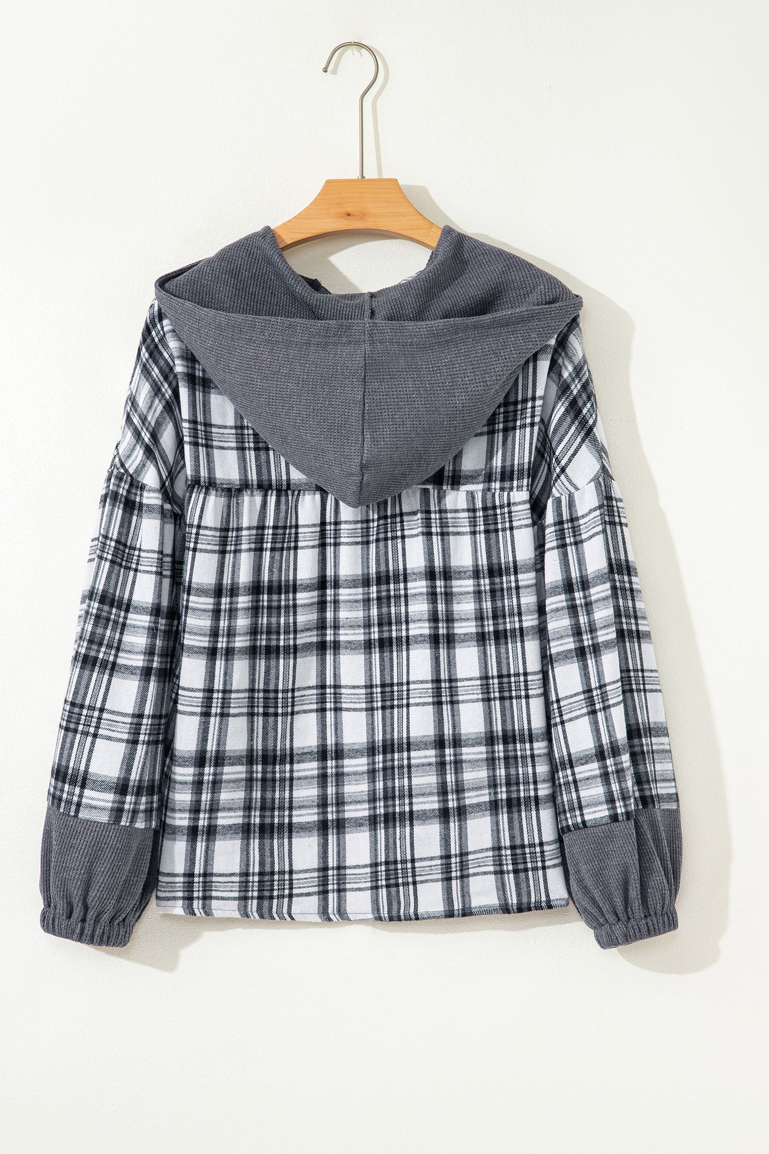 Gray Plaid Patchwork Long Sleeve Button Hooded Blouse-Tops / Dresses-[Adult]-[Female]-2022 Online Blue Zone Planet
