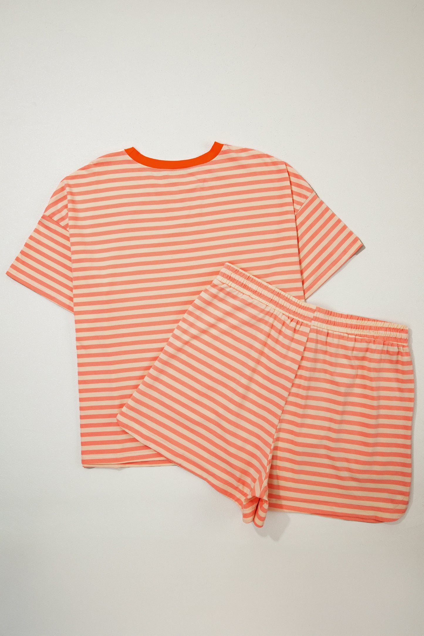 Pink Stripe Drop Shoulder T Shirt and Shorts Plus Size Summer Set-Plus Size/Plus Size Loungewear-[Adult]-[Female]-2022 Online Blue Zone Planet