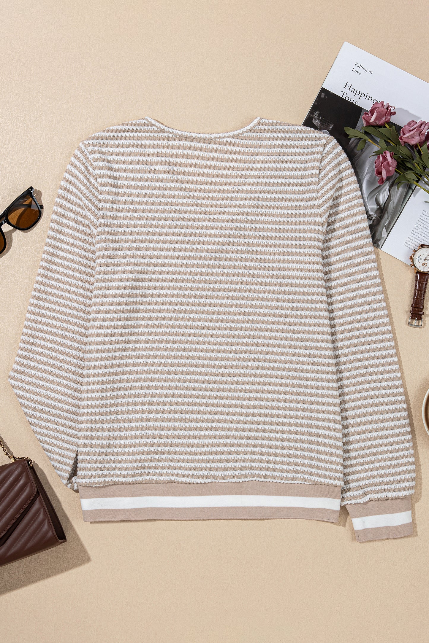 Beige Striped Textured Knit V Neck Casual Top-Tops/Long Sleeve Tops-[Adult]-[Female]-2022 Online Blue Zone Planet