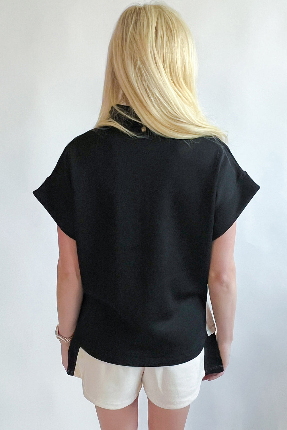 Black Contrast Zipped Stand Collared T Shirt and Short Set-Two Piece Sets/Short Sets-[Adult]-[Female]-2022 Online Blue Zone Planet