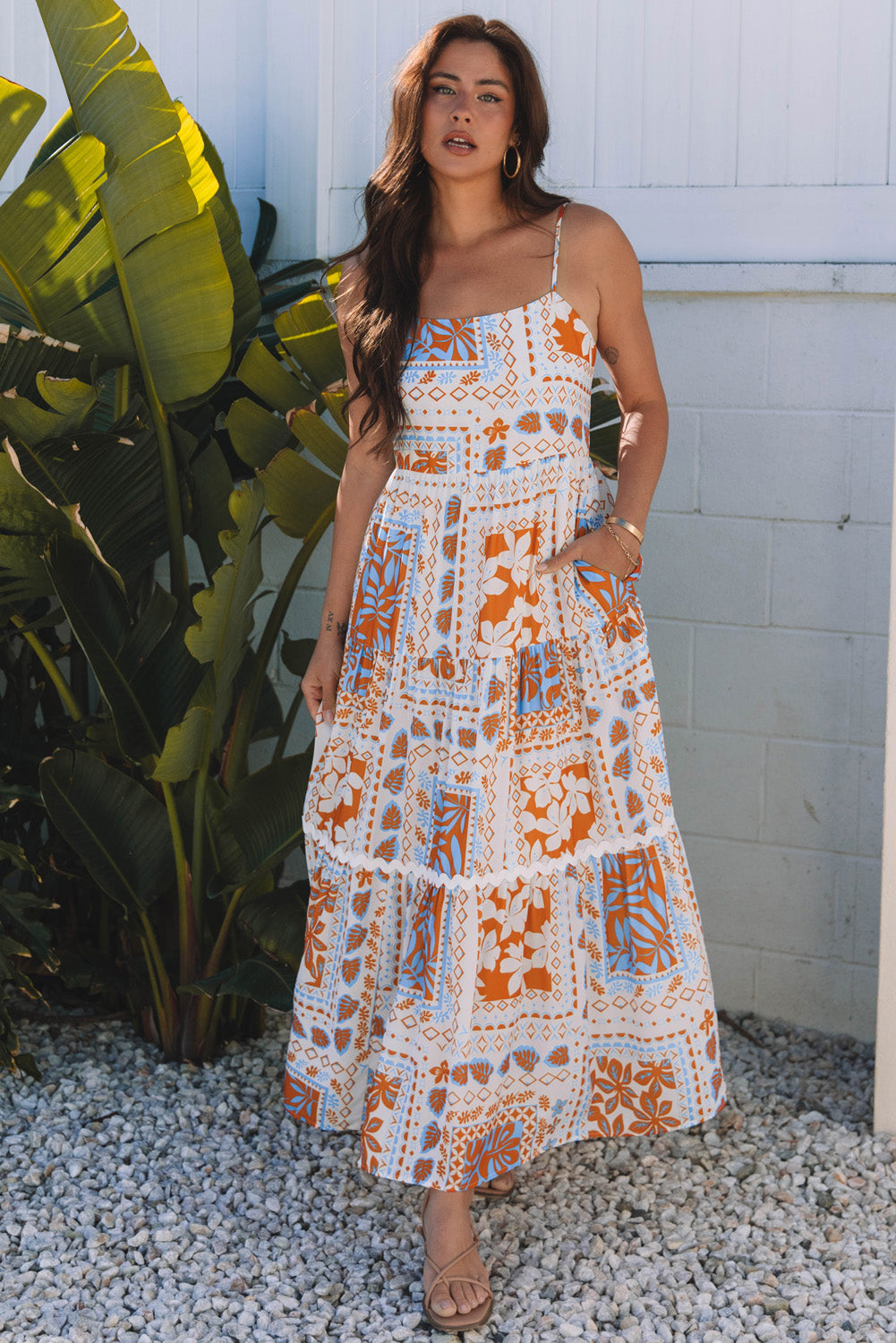 Orange Multi Printed Ricrac Trim Spaghetti Straps Maxi Dress Orange / XL / 100%Polyester