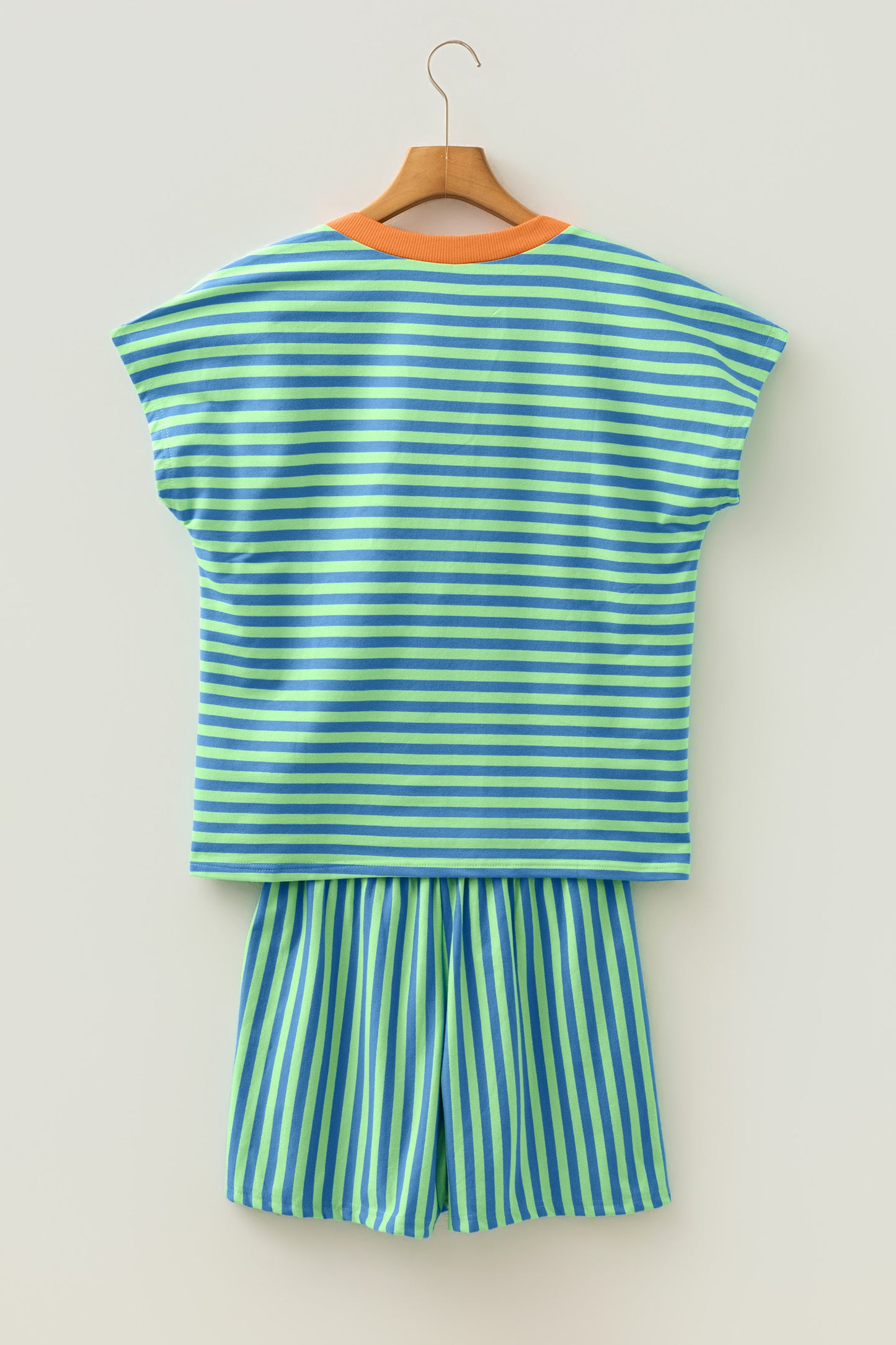 Green Stripe Colorblock Trim V Neck Tee Drawstring Elastic Waist Short Set-Two Piece Sets/Short Sets-[Adult]-[Female]-2022 Online Blue Zone Planet
