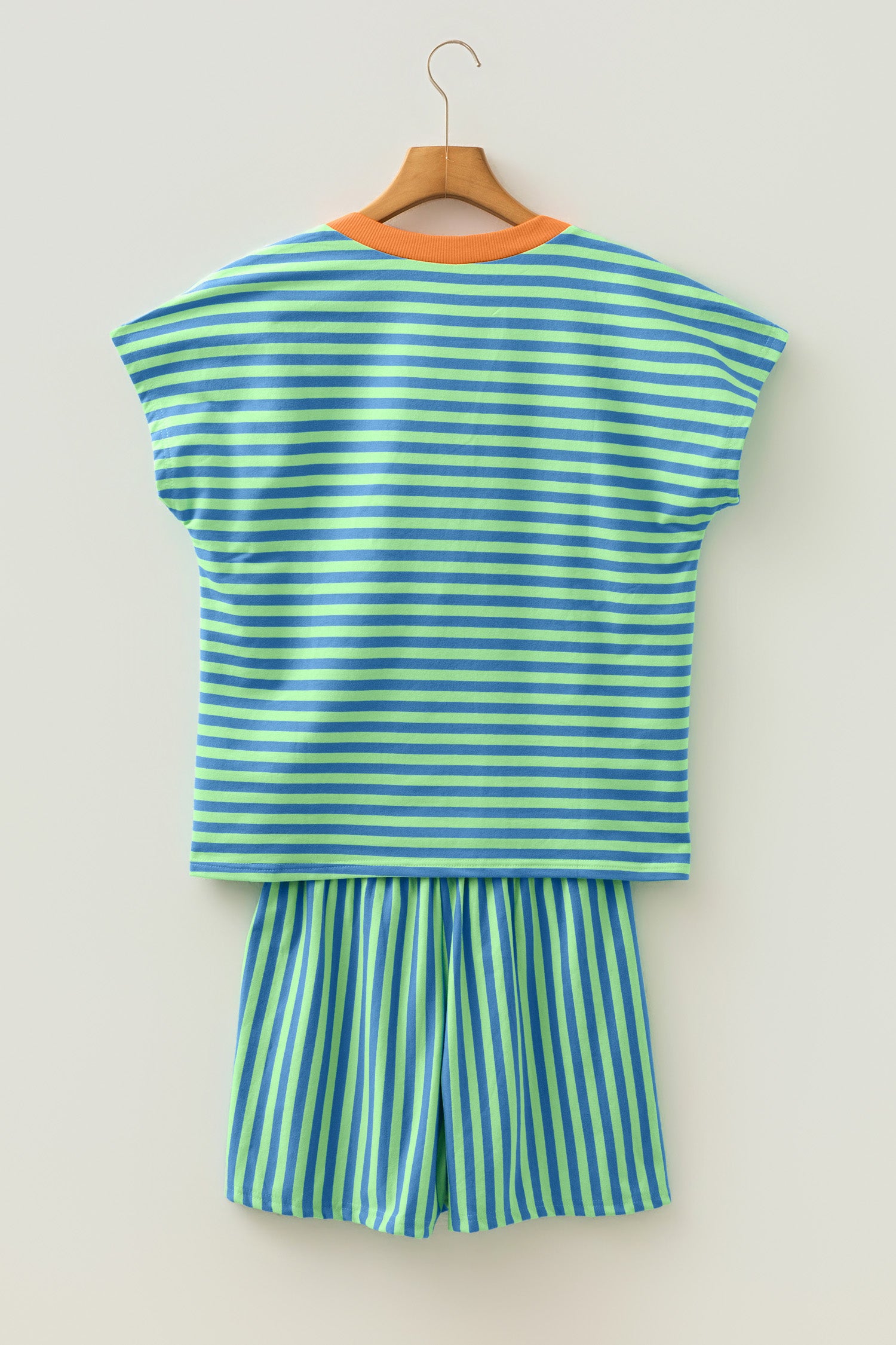Green Stripe Colorblock Trim V Neck Tee Drawstring Elastic Waist Short Set-Two Piece Sets/Short Sets-[Adult]-[Female]-2022 Online Blue Zone Planet