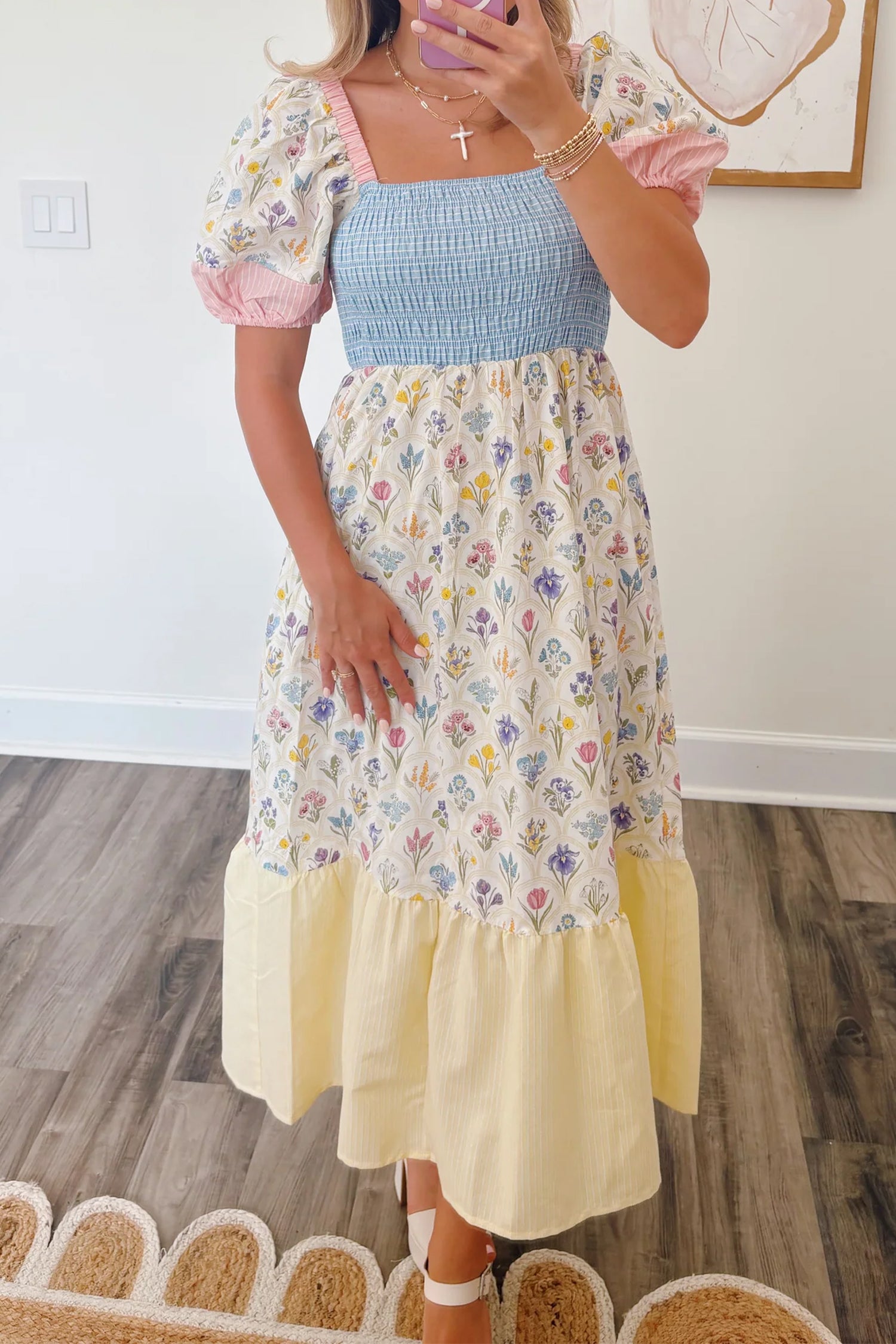 Multicolour Floral Print Striped Color Block Patchwork Square Neck Shirred Long Dress-Dresses/Floral Dresses-[Adult]-[Female]-2022 Online Blue Zone Planet