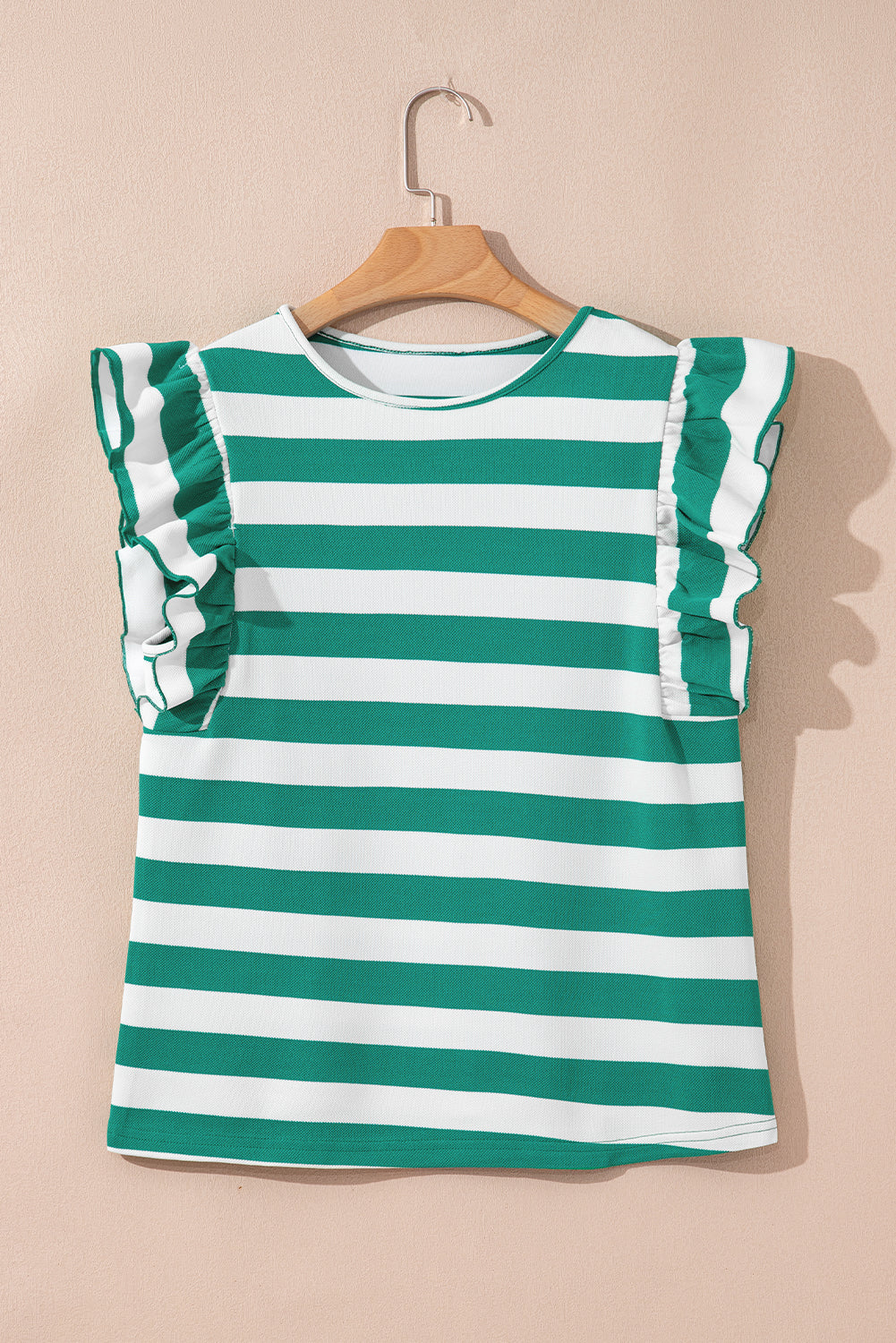 Green Stripe Flutter Sleeve Round Neck T Shirt-Tops/Tops & Tees-[Adult]-[Female]-2022 Online Blue Zone Planet