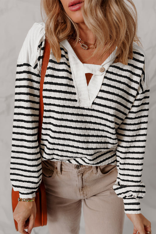 Black Stripe Textured Hooded V Neck Casual Long Sleeve Top-Tops / Dresses-[Adult]-[Female]-Black Stripe-S-2022 Online Blue Zone Planet