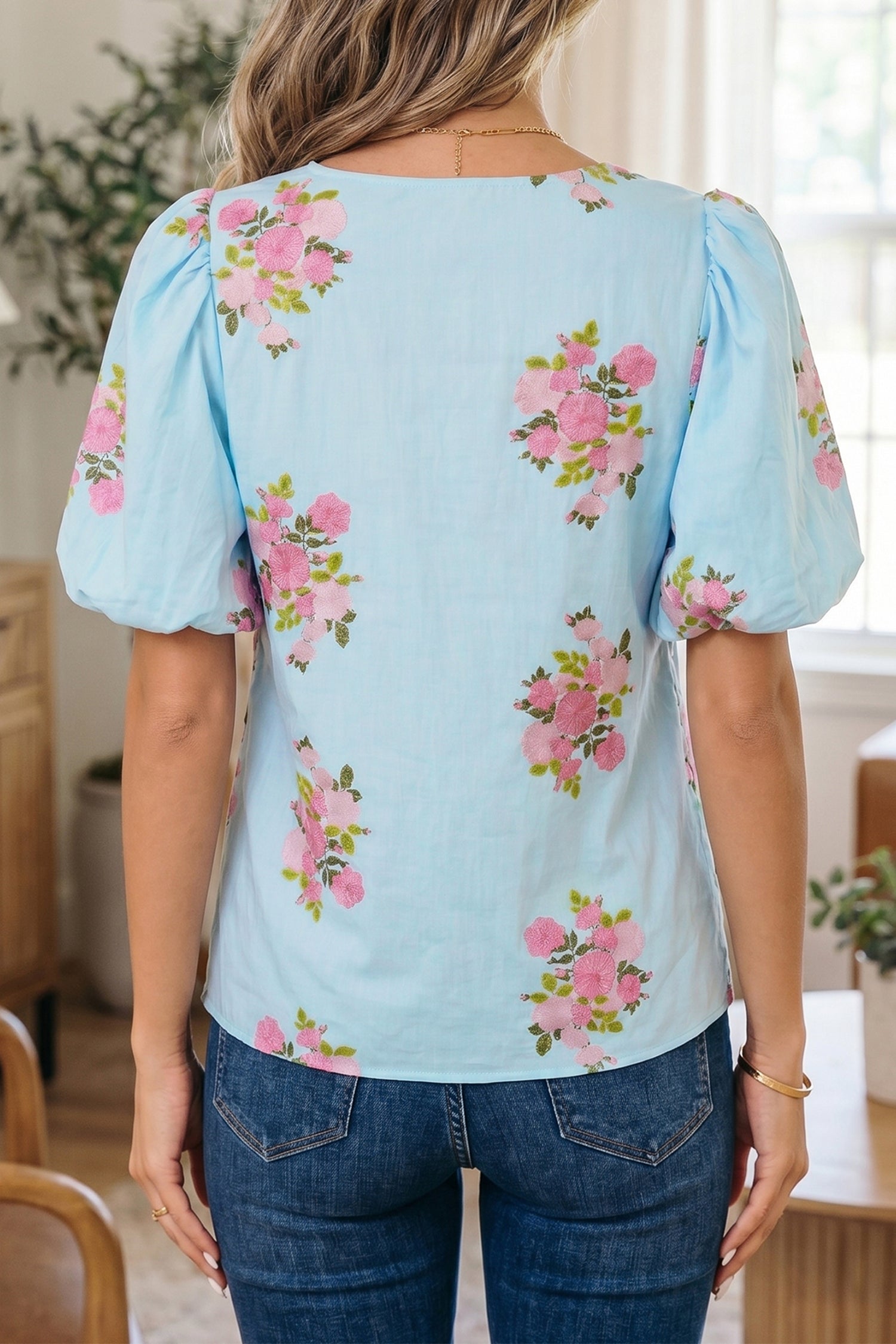 Sky Blue Floral Printed Contrast Ricrac Detail Bubble Sleeve Blouse-Tops/Blouses & Shirts-[Adult]-[Female]-2022 Online Blue Zone Planet