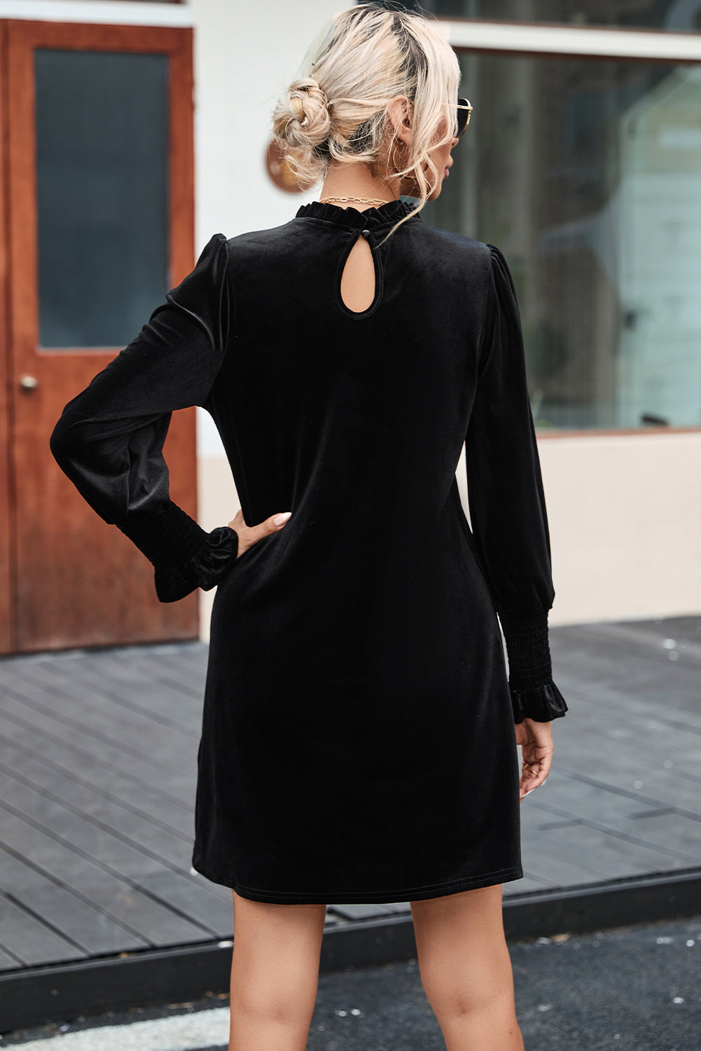 Blue Zone Planet | Black Velvet Frill Neck Long Sleeve Shift Dress-TOPS / DRESSES-[Adult]-[Female]-2022 Online Blue Zone Planet