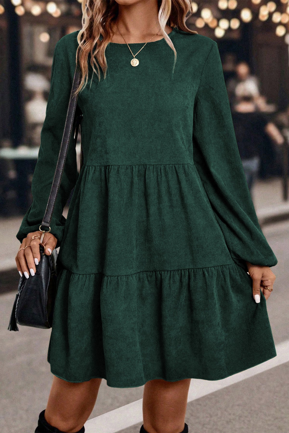 Black Lantern Sleeve Tiered Mini Dress