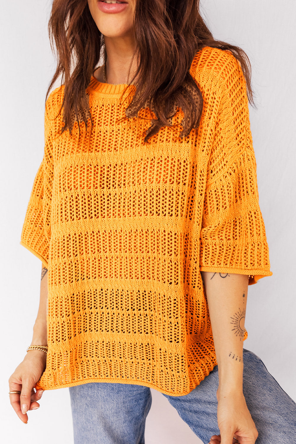 Mustard Hollow out Openwork Knit 3/4 Sleeve Sweater-TOPS / DRESSES-[Adult]-[Female]-2022 Online Blue Zone Planet