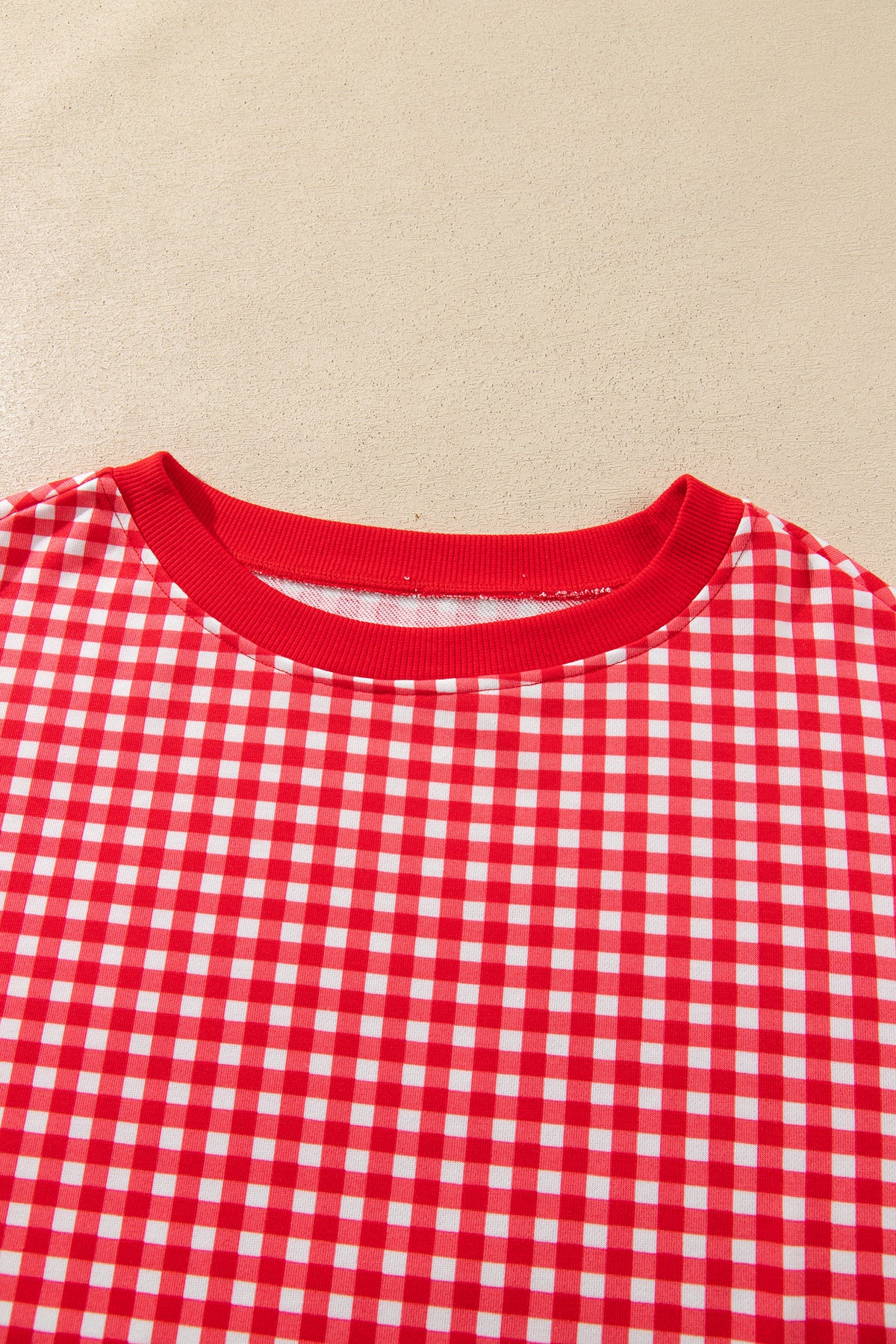 Red Gingham Oversized Ribbed Trim Crew Neck Long Sleeve Top and Skort Set-Two Piece Sets/Two Piece Dresses-[Adult]-[Female]-2022 Online Blue Zone Planet