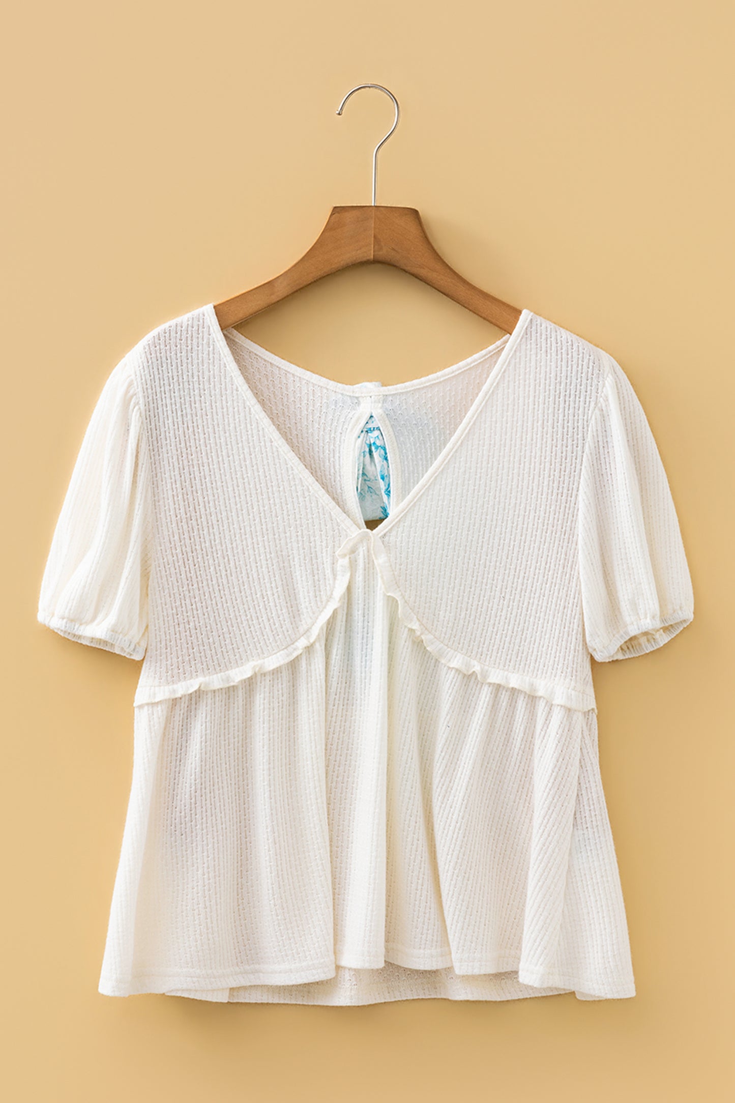 White Textured Knit V Neck Short Bubble Sleeve Peplum Top-Tops/Blouses & Shirts-[Adult]-[Female]-2022 Online Blue Zone Planet