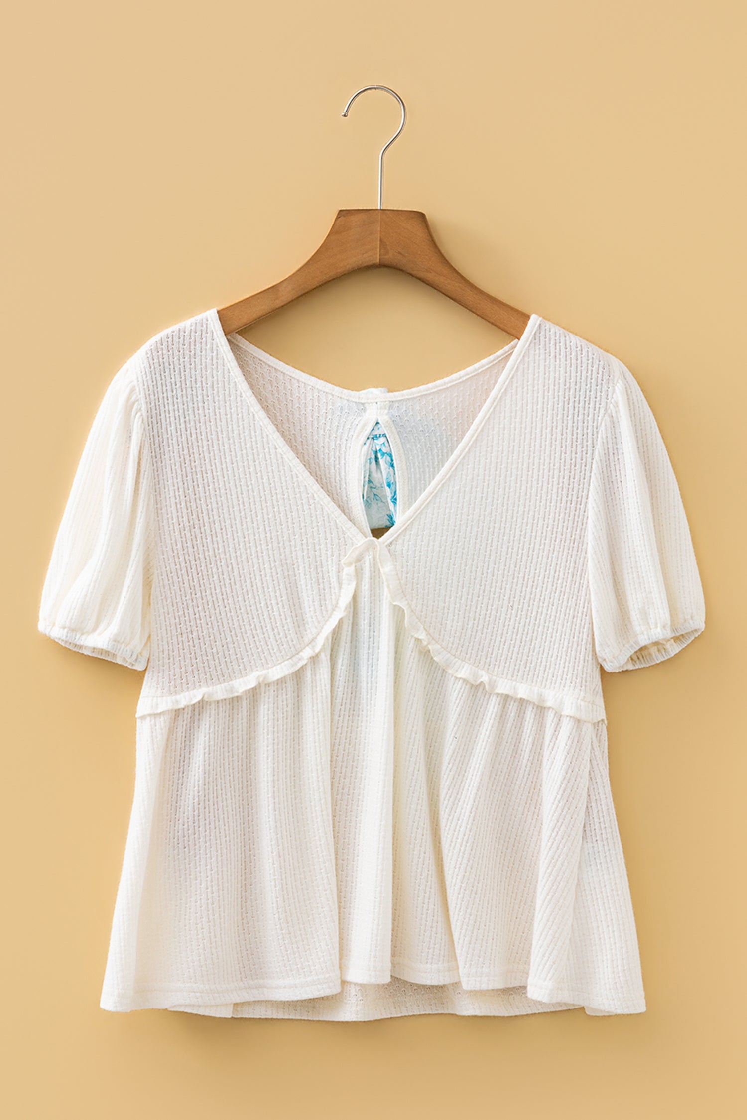 White Textured Knit V Neck Short Bubble Sleeve Peplum Top-Tops/Blouses & Shirts-[Adult]-[Female]-2022 Online Blue Zone Planet