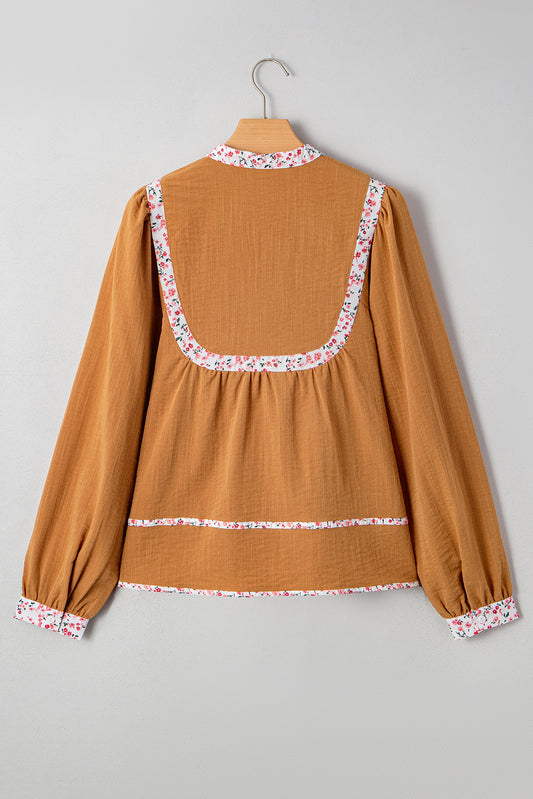 Straw Yellow Split Neck Pleated Floral Trim Long Puff Sleeve Blouse-Tops/Blouses & Shirts-[Adult]-[Female]-2022 Online Blue Zone Planet