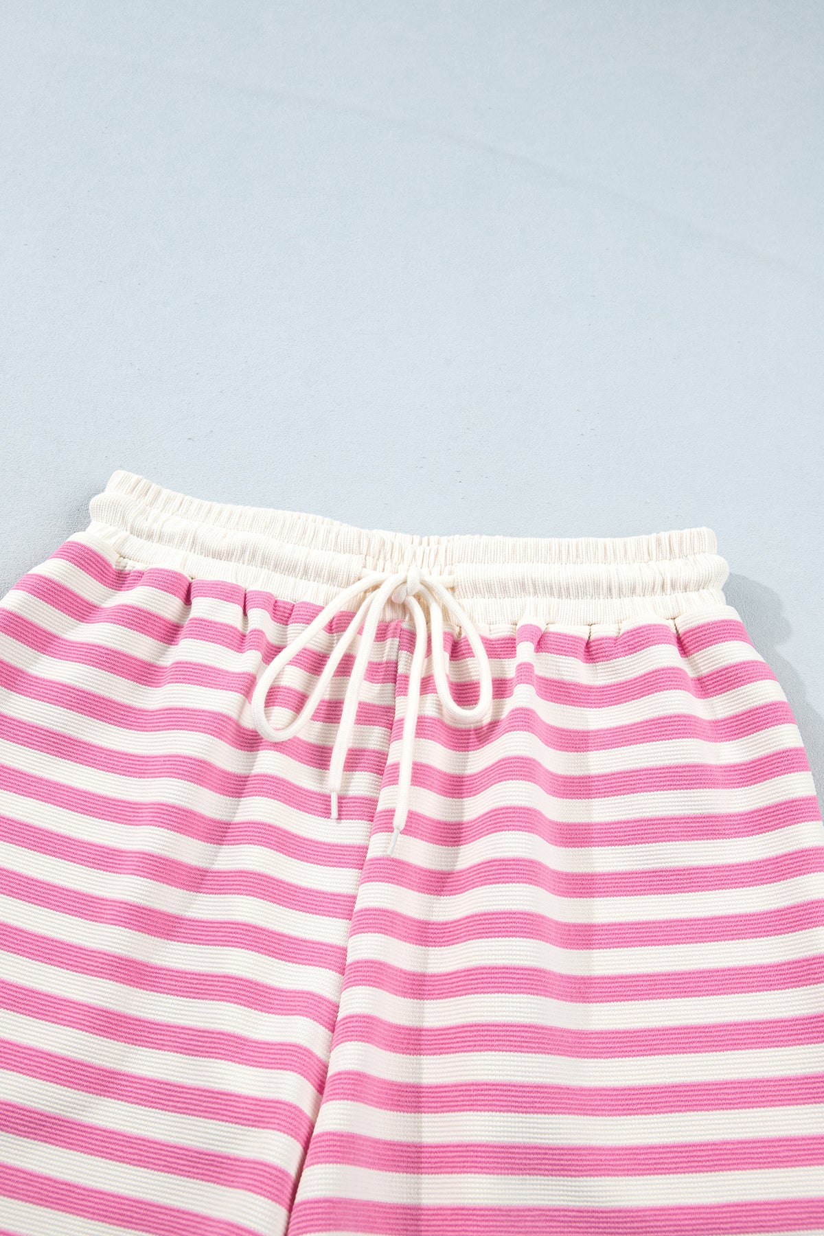 Pink Striped Long Sleeve Crew Neck Drawstring Waist Shorts Set-Two Piece Sets/Short Sets-[Adult]-[Female]-2022 Online Blue Zone Planet