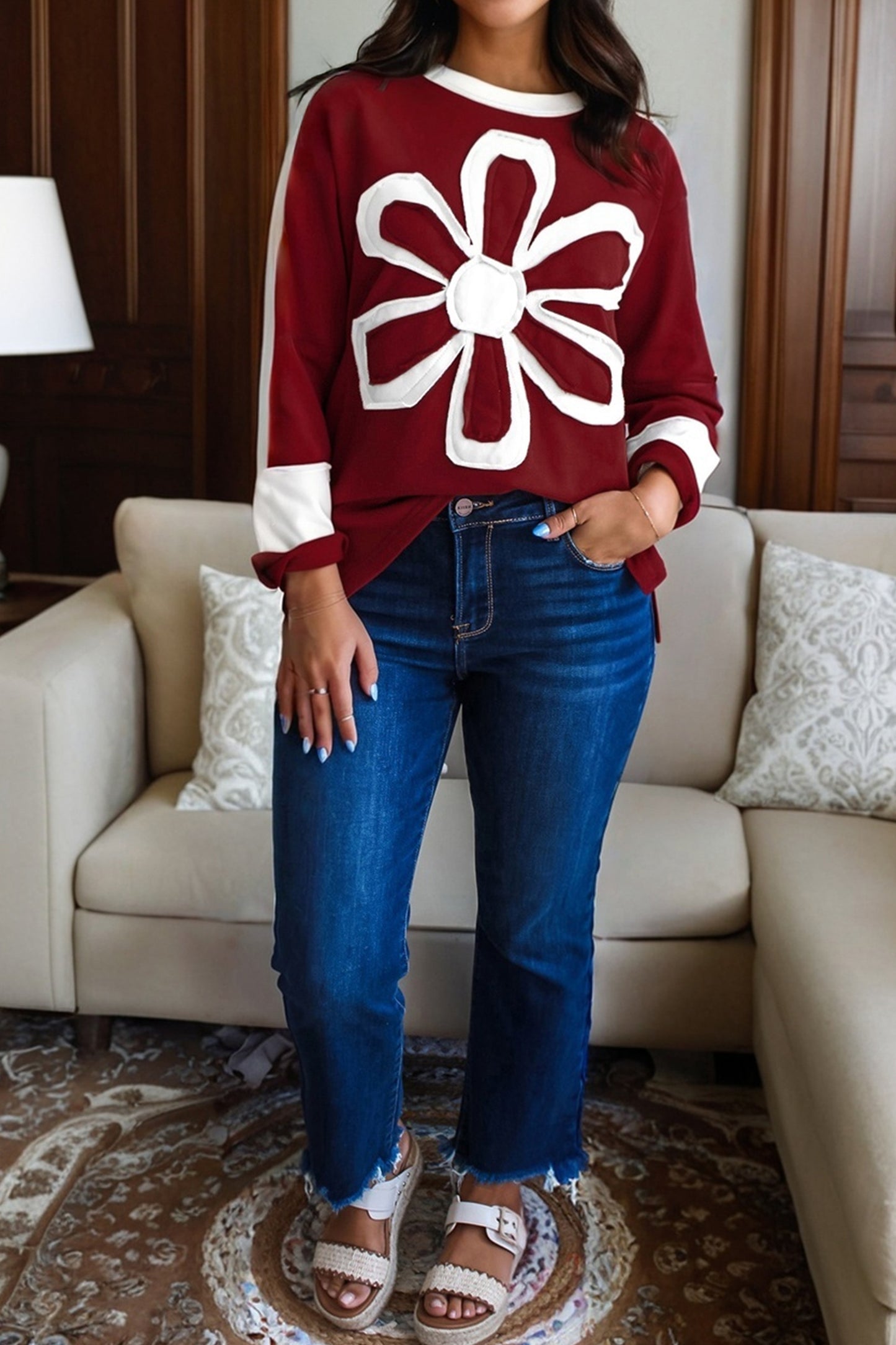 Red Dahlia Cheerful Daisy Flower Patched Round Neck Long Sleeve Top-Tops/Long Sleeve Tops-[Adult]-[Female]-2022 Online Blue Zone Planet