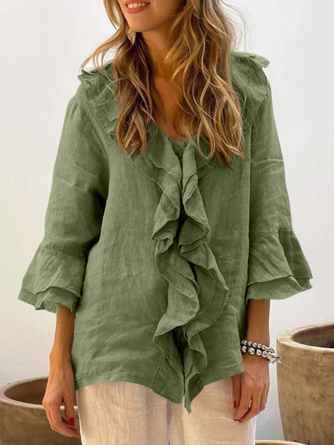 Full Size Ruffled V-Neck Flounce Sleeve Blouse-TOPS / DRESSES-[Adult]-[Female]-Matcha Green-S-2022 Online Blue Zone Planet