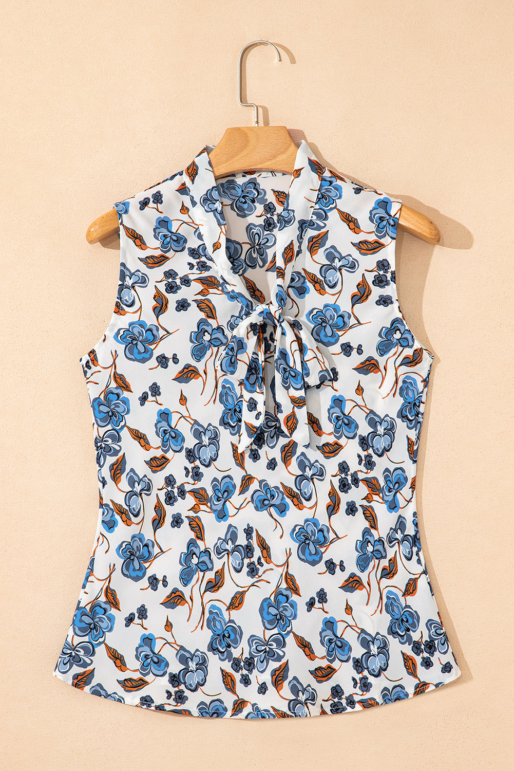 Sky Blue Floral Print Knotted V Neck Elegant Tank Top-Tops/Tank Tops-[Adult]-[Female]-2022 Online Blue Zone Planet