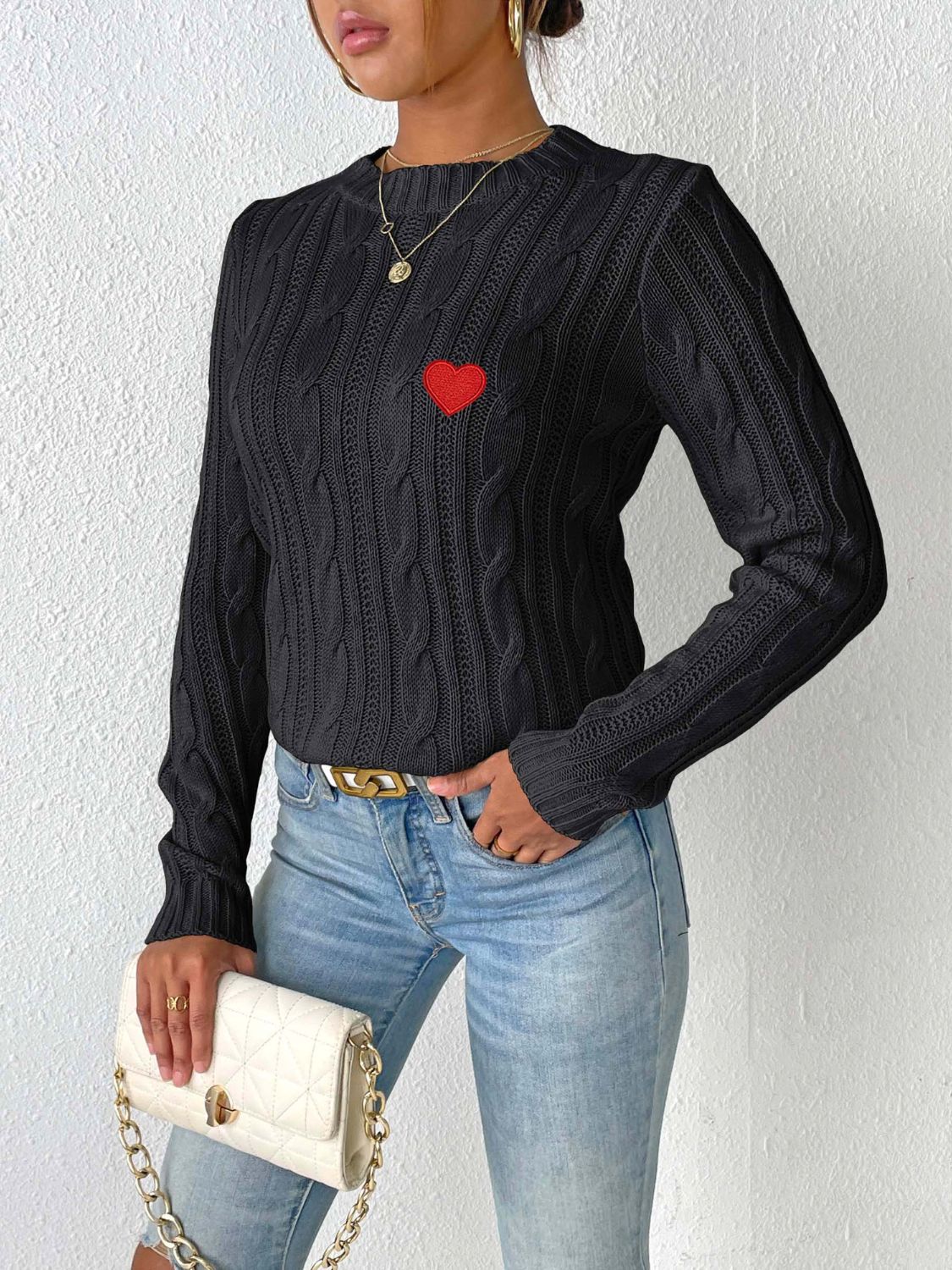 Blue Zone Planet | Cable-Knit Heart Round Neck Long Sleeve Sweater-TOPS / DRESSES-[Adult]-[Female]-2022 Online Blue Zone Planet