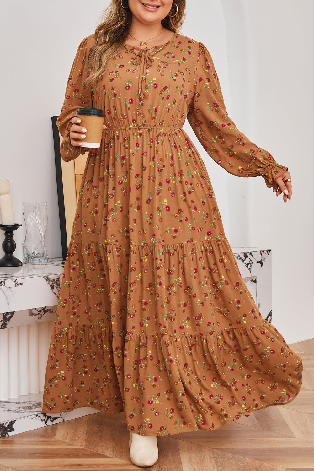 Brown Plus Size Floral Split V Neck Ruffled Sleeve Tiered Maxi Dress-TOPS / DRESSES-[Adult]-[Female]-2022 Online Blue Zone Planet