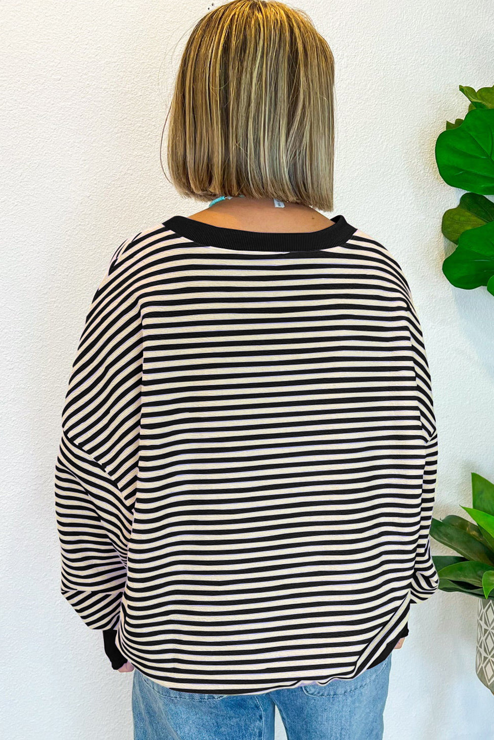 Blue Zone Planet | Green Stripe Drop Shoulder Long Sleeve Top-Long Sleeve Tops-[Adult]-[Female]-2022 Online Blue Zone Planet