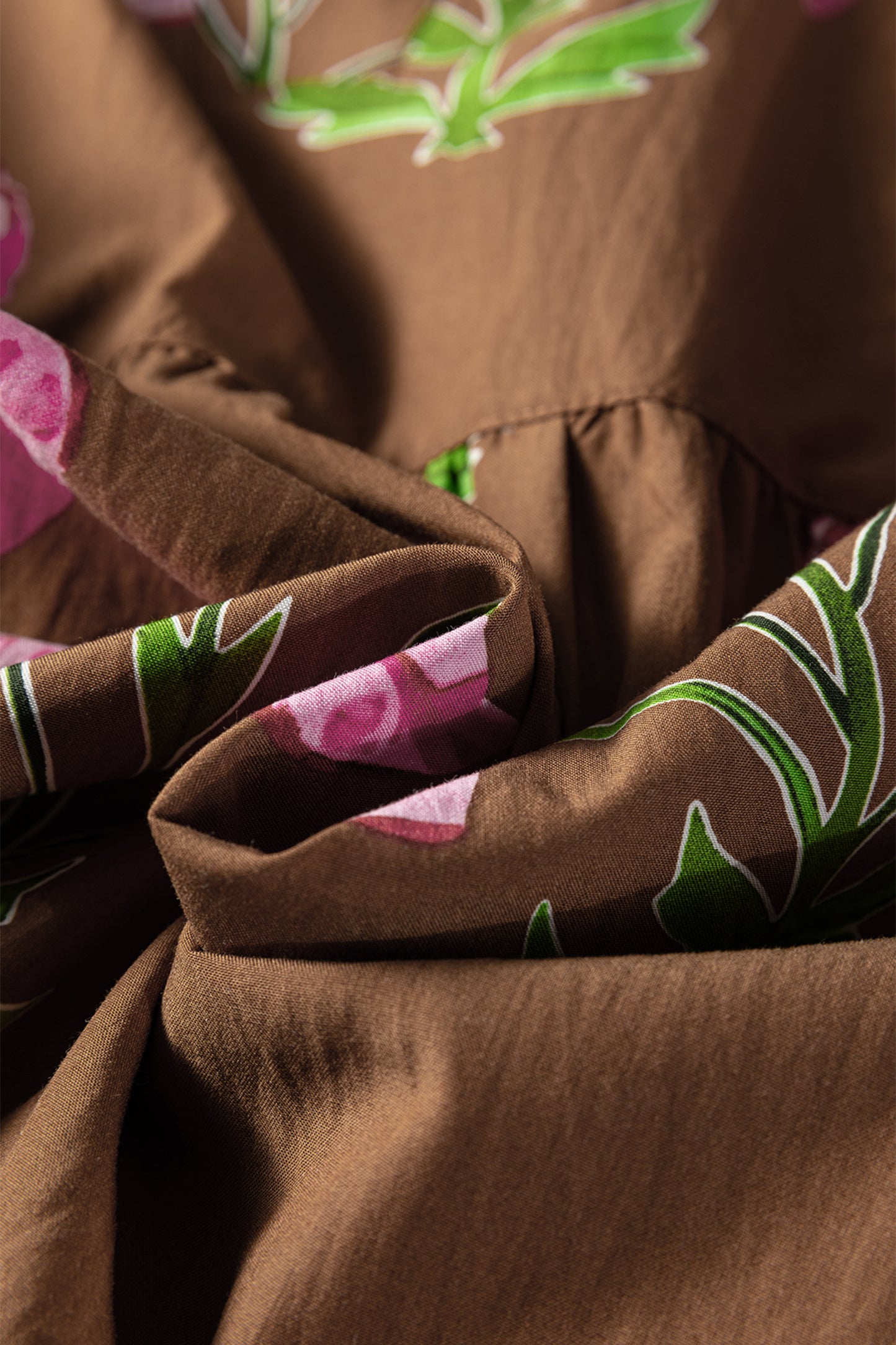 Brown Contrast Floral Print Babydoll Tunic Ruffled Hem Puff Sleeve Dress-TOPS / DRESSES-[Adult]-[Female]-2022 Online Blue Zone Planet