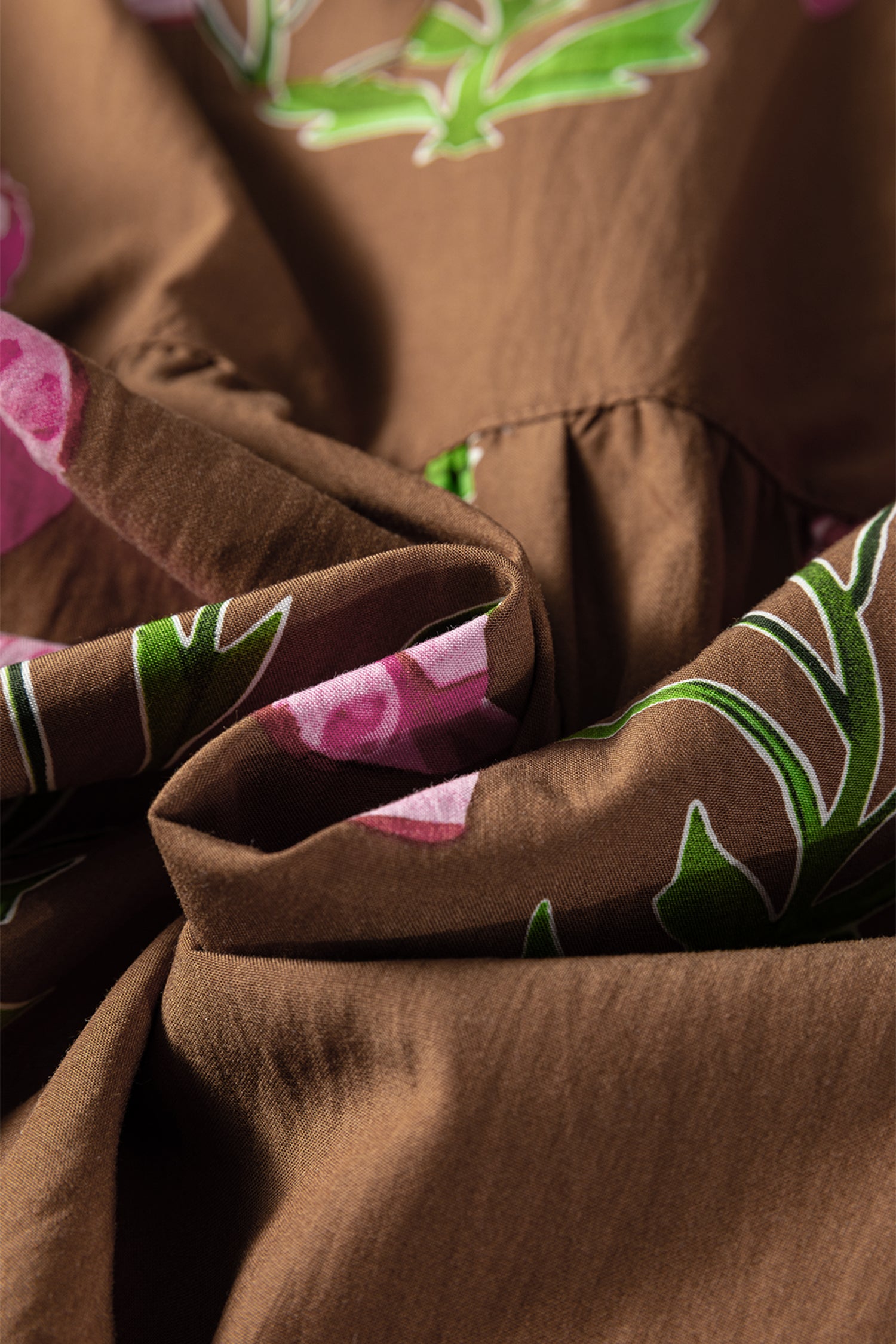 Brown Contrast Floral Print Babydoll Tunic Ruffled Hem Puff Sleeve Dress-TOPS / DRESSES-[Adult]-[Female]-2022 Online Blue Zone Planet