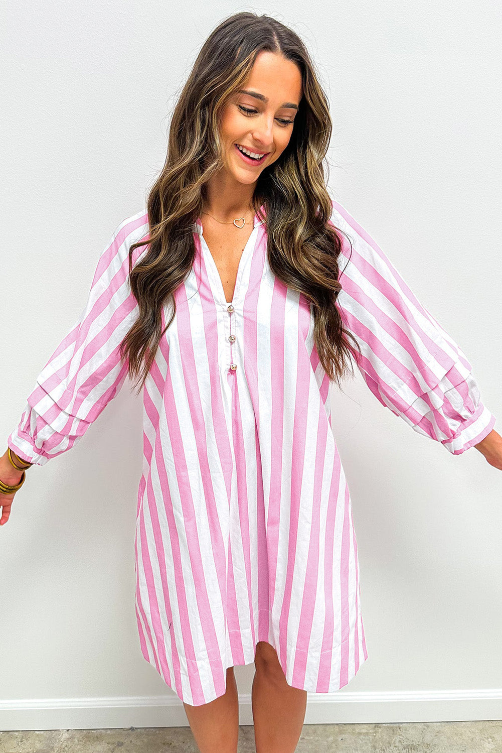 Rose Stripe Bracelet Sleeve Buttons Loose Mini Dress-Bracelet-[Adult]-[Female]-2022 Online Blue Zone Planet