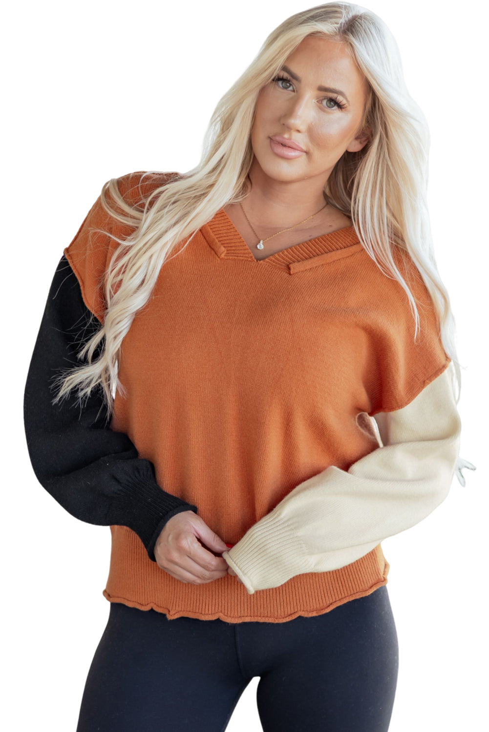 Desert Gold Colorblock Raw Edge Bubble Sleeve V Neck Sweater-Sweaters & Cardigans/Sweaters-[Adult]-[Female]-2022 Online Blue Zone Planet