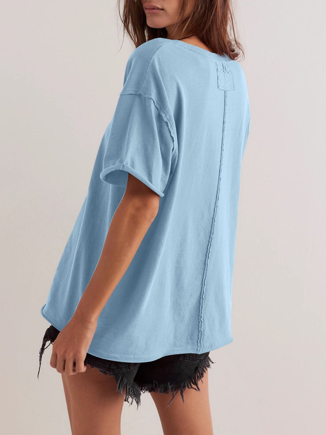 Lovelet Exposed Seam Round Neck Half Sleeve T-Shirt-TOPS / DRESSES-[Adult]-[Female]-2022 Online Blue Zone Planet