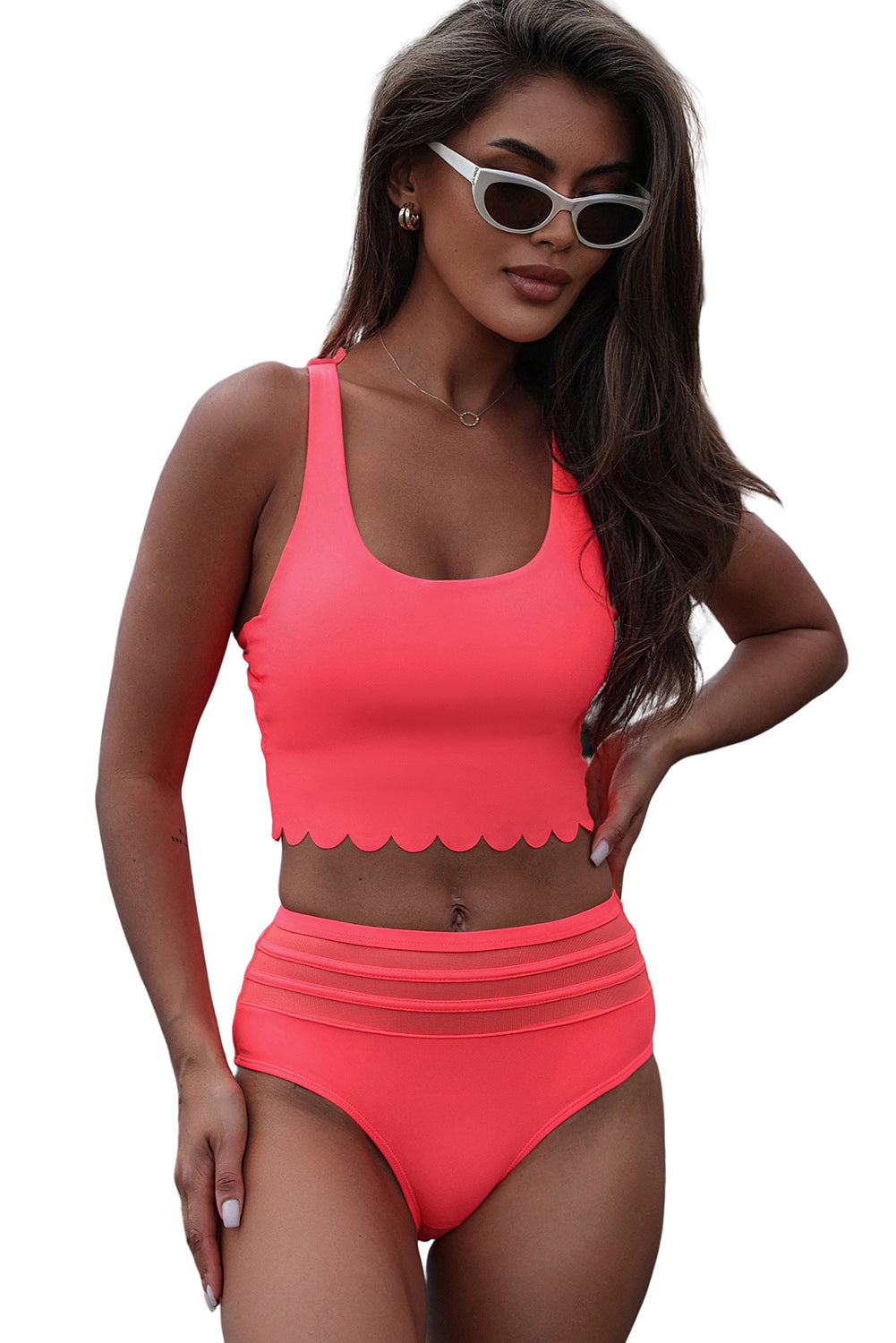 Blue Zone Planet |  Pink Scalloped Criss Cross High Waist Bikini Blue Zone Planet