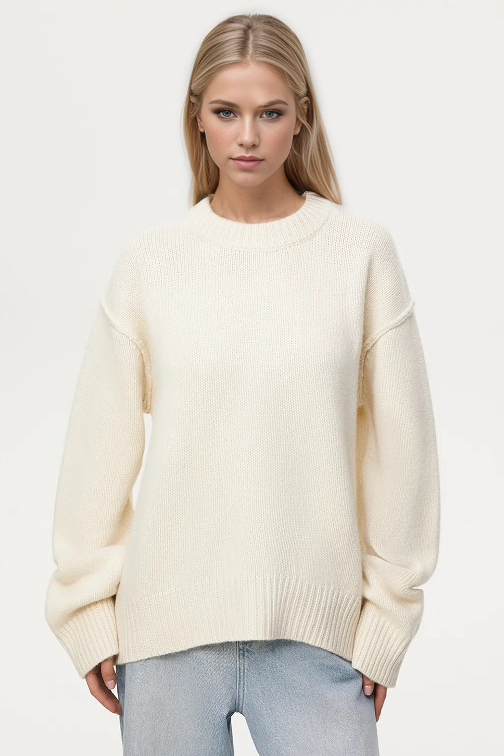 Basic Bae Round Neck Dropped Shoulder Sweater-TOPS / DRESSES-[Adult]-[Female]-White-One Size-2022 Online Blue Zone Planet