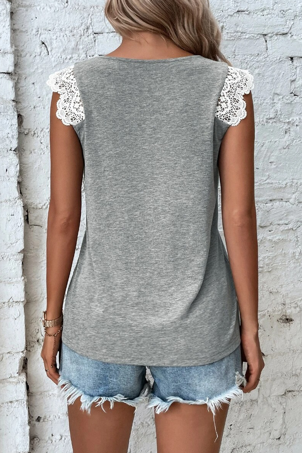 Gray Lace Patchwork Criss Cross V Neck Tank Top-Tops/Tank Tops-[Adult]-[Female]-2022 Online Blue Zone Planet