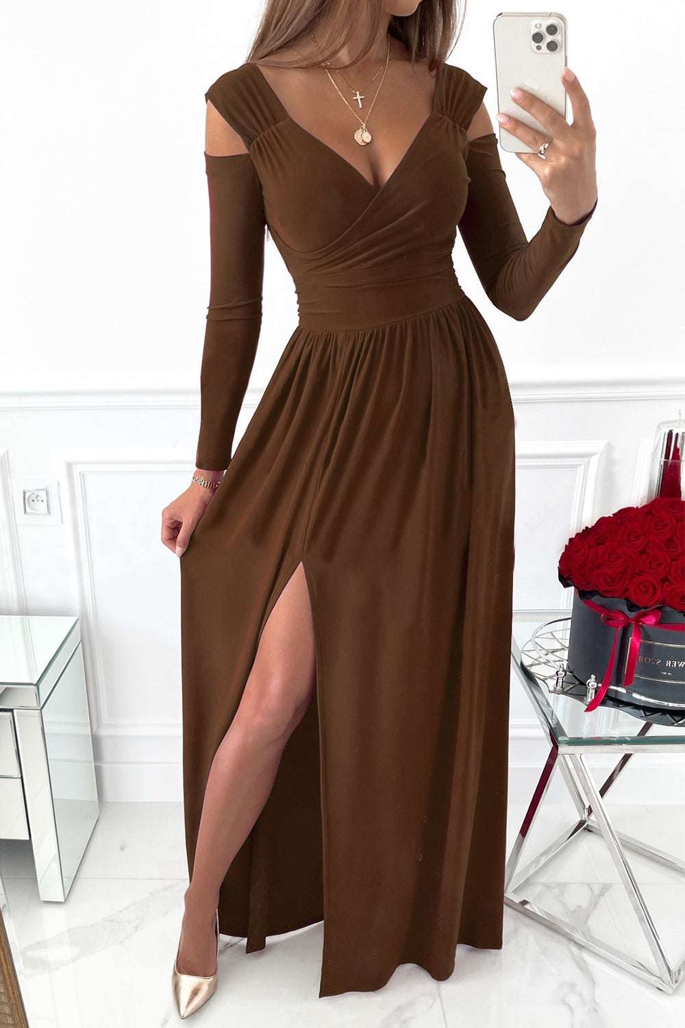 Slit Surplice Long Sleeve Maxi Dress-TOPS / DRESSES-[Adult]-[Female]-Brown-S-2022 Online Blue Zone Planet