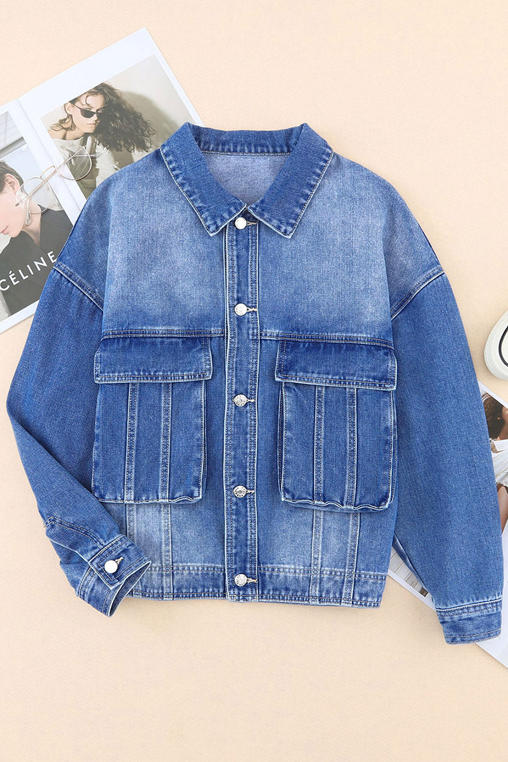 Collared Neck Button Up Denim Jacket-TOPS / DRESSES-[Adult]-[Female]-2022 Online Blue Zone Planet