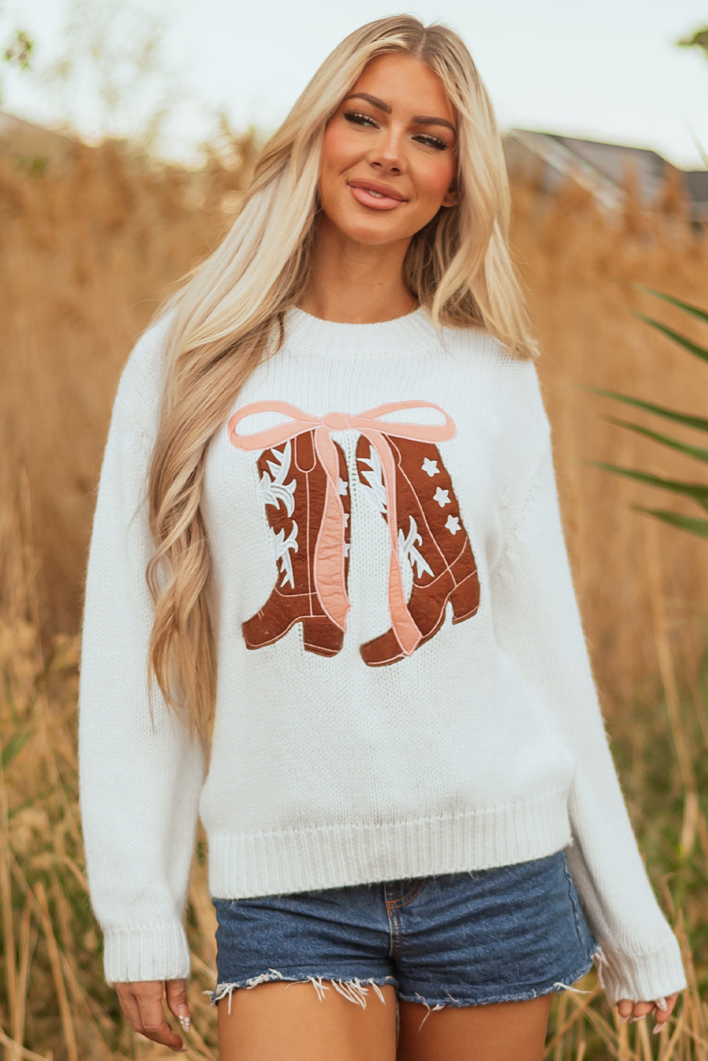 White Embroidered Bow Boots Graphic Drop Shoulder Sweater-TOPS / DRESSES-[Adult]-[Female]-2022 Online Blue Zone Planet