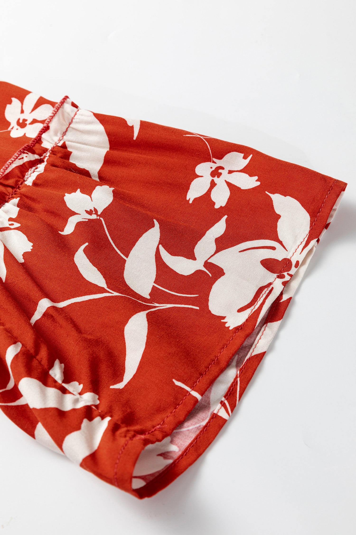 Red Boho Floral Print Lettuce Trim 3/4 Sleeve Mini Dress-TOPS / DRESSES-[Adult]-[Female]-2022 Online Blue Zone Planet