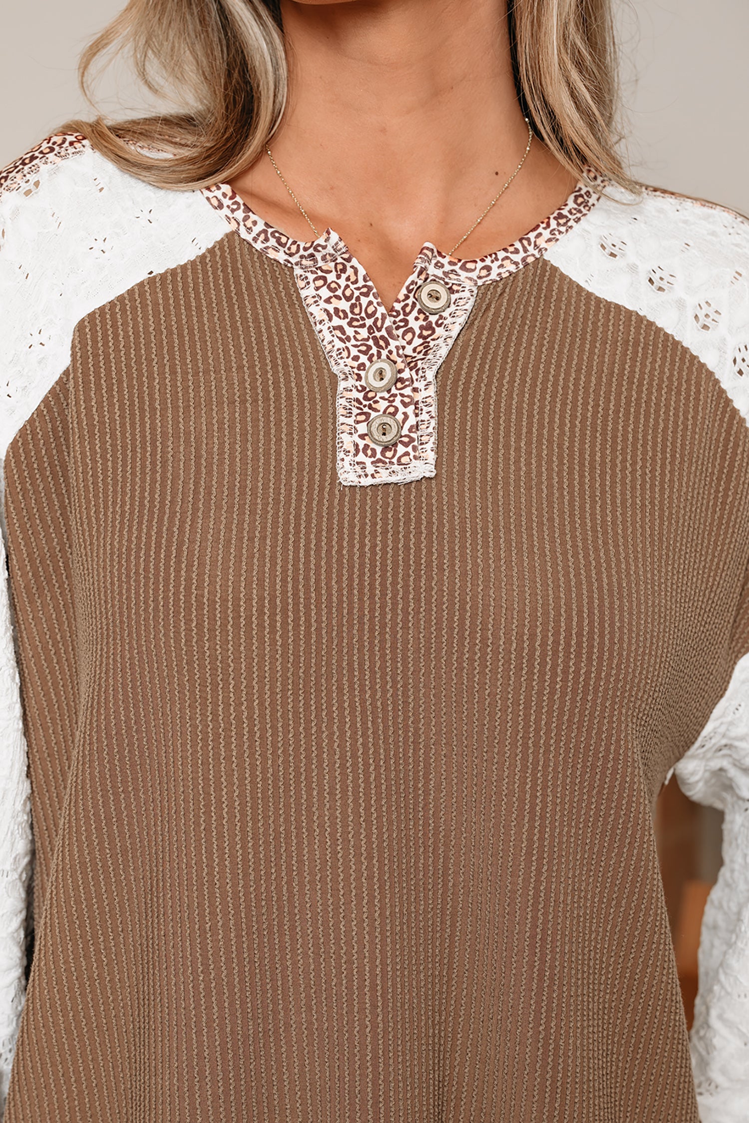 Dark Khaki Twisted Ribbed Leopard Lace Contrast Patchwork Long Sleeve Top-Tops/Long Sleeve Tops-[Adult]-[Female]-2022 Online Blue Zone Planet